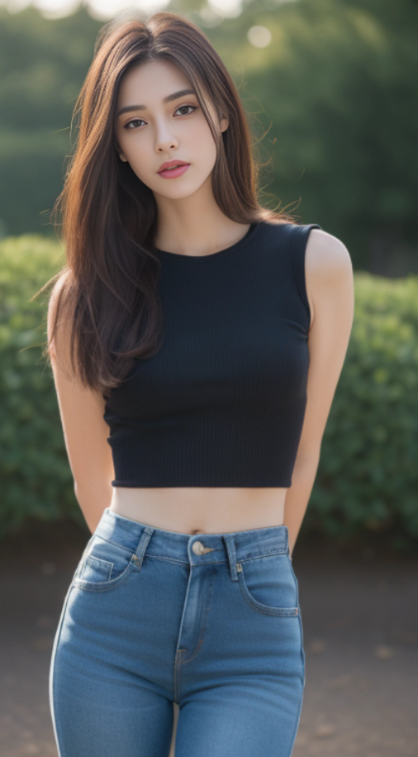 ((Realistic lighting, Best quality, 8K, Masterpiece: 1.3)), Clear focus: 1.2, 1girl, Perfect Figure: 1.4, Slim Abs: 1.1, ((Dark brown hair)), (purple crop top and tight jean: 1.4), (park: 1.1), , Super fine face, Fine eyes, Double eyelids,