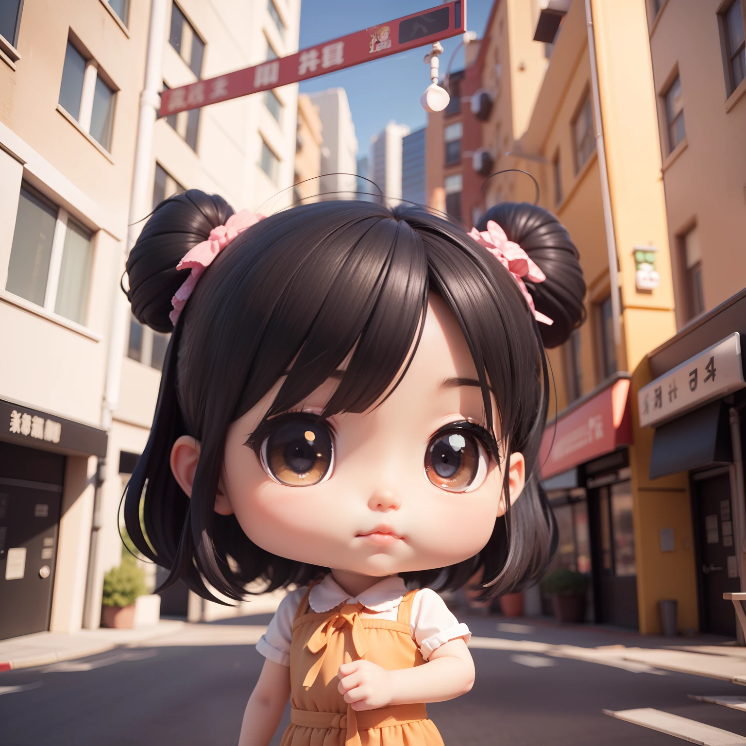 Cute Baby Chibi Anime、(((Chibi 3D))) (Best Quality), (masutepiece)、Chibi Office Lady、Black hair straight、Streets of buildings in Manhattan、a small face、A detailed face、