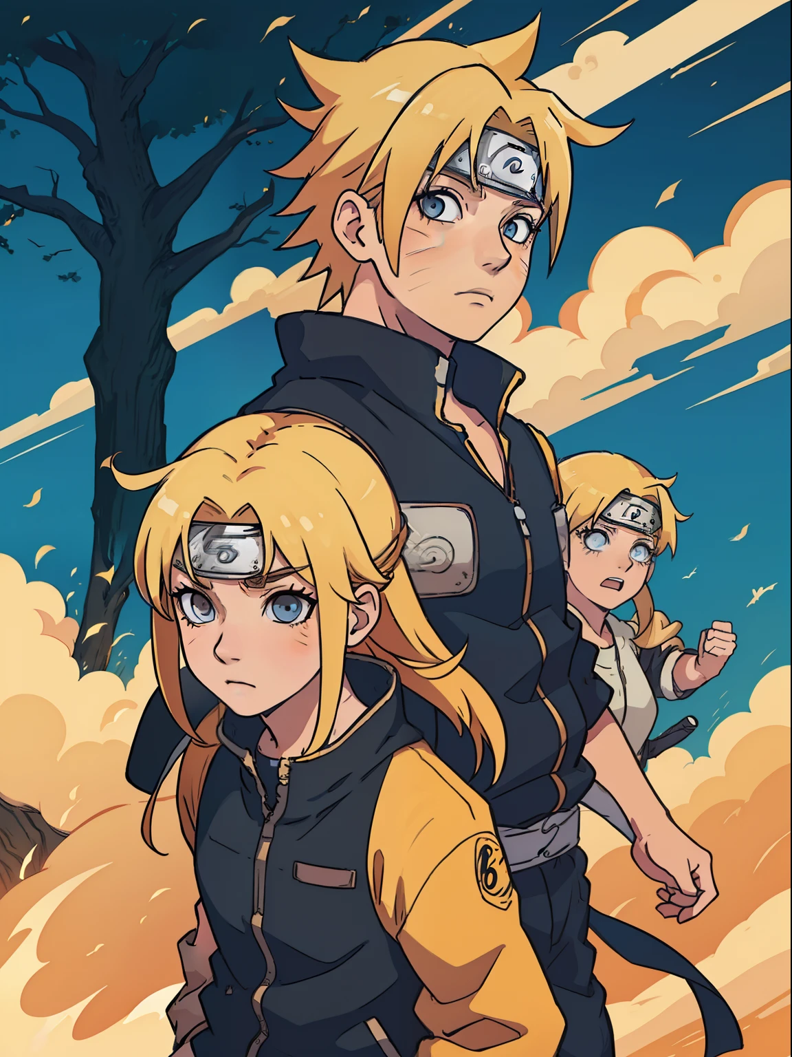 Naruto from a movie, blond hair, movie poster, background is nature.