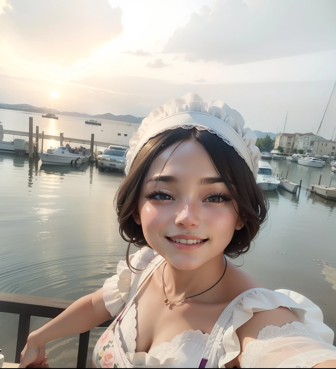 (Sofia Vergara) Person posing in a boat, best quality, 1 girl, blur background, (boat: 1.4), ((wearing white bikini)), gorgeous, beautiful detailed sky and boat, (dynamic pose:1), soft lightning, wind ((portrait:1.4))