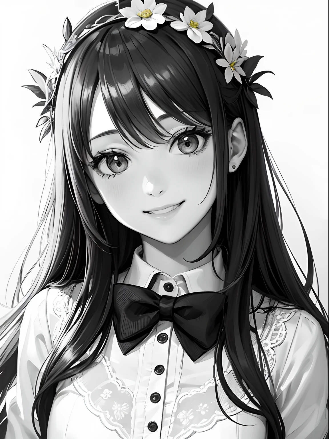 Pencil sketch, girl, smiling, flower crown, formal attire