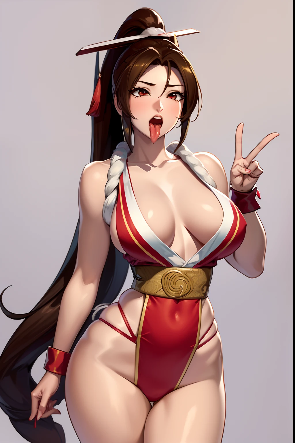 8K, Super detail, ccurate, Best quality, Masterpiece, Super detail, ,1girll,mai shiranui,Face focus,Single horsetail,Peace sign,Open mouth, Blush, Tongue stock, Tongue out, saliva, Rolling eyes