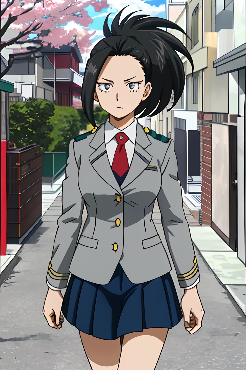 [momo yaoyorozu], [Boku no hero academia], ((masterpiece)), ((solo portrait)), ((High definition)), ((anime)), ((Kohei Horikoshi)), ((beautiful render art)), ((detailed shading)), ((intricate details)), {momo; (beautiful dark grey eyes), (black hair, side bang, spiky ponytail, long eyelashes, large boobs, beautiful legs)}, {(UA school uniform), grey blazer, (red tie), (yellow buttons), (short blue skirt), (calm expression)}, {(walking on side walk), (looking at viewer)}, [Background; (daytime), school, sunny, cherry blossom trees, sun rays through trees)]