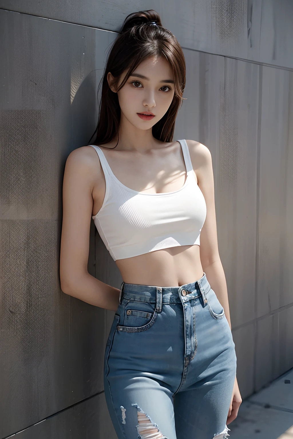 Girl posing for a photo in a white T-shirt and a tight denim skirt,full bodyesbian,legs open,Mike、brassiere,shapely body,Smaller bust,slim girl model,24 years old female model,Lie down on the couch,
