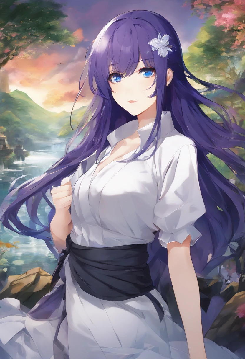 1girl, long dark purple hair, blue eyes, cut out white blouse, Lipo pants, medieval rpg scenery, absurdres, high res, ultrasharp, 8K, masterpiece, looking at viewer