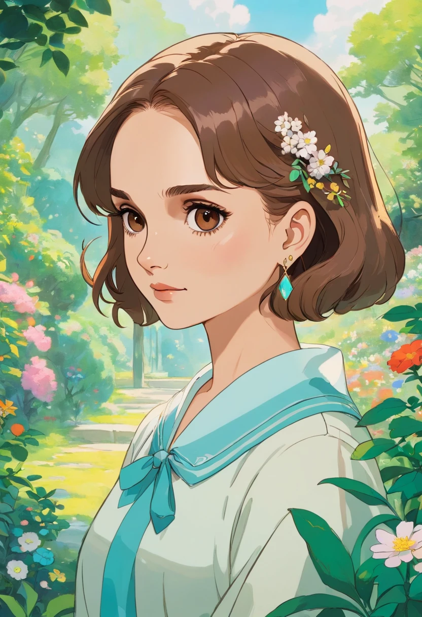 a girl,((natalie portman)),brown eyes, wearing an anime collar, a long necklace and earrings, in the style of tranquil gardenscapes, colorful animation stills, masami teraoka, aquamarine, paul gauguin, Embry style, honest portrayal