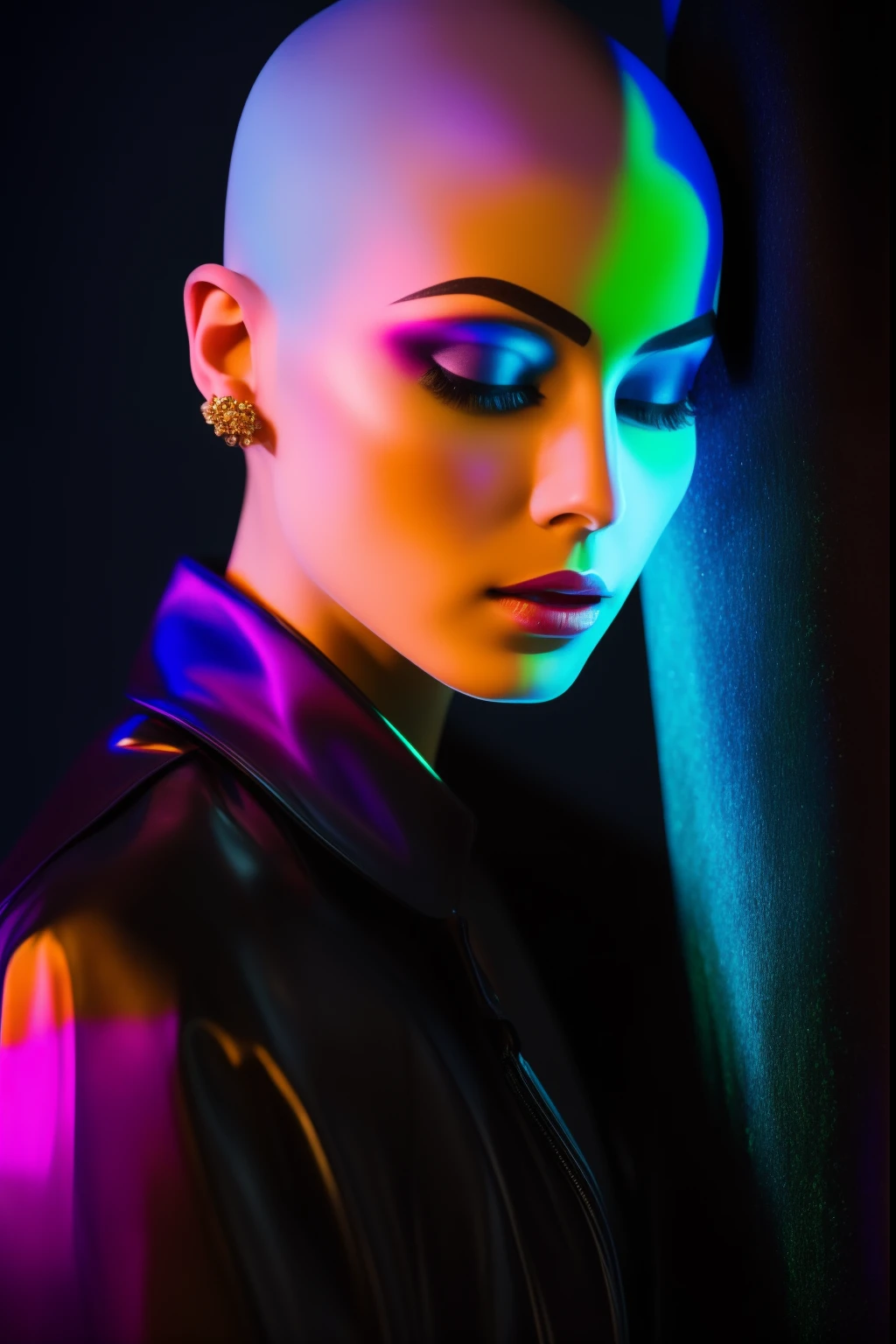 35mm, Neon, analog photo, dinamic lighting, chiaroscuro, hyper realisitc, luminism, HD, very detail. Colorful gradients. Gradient glow. Avant-garde make-up. Orange-violet-green lights. A woman's skin is multicolored in a beautiful glow. Gradients on the face. Gradient lights on the skin. easy flowering,. Black background. haze. Unearthly beauty. Unearthly beautiful bald Swedish young woman in bodysuit with tiger skin pattern. Tiger fur on fabric. Very small black coat. bald. Bald woman. pale blue skin. long neck. Slim hose. Wide-set eyes. Half-turn. darkness. mood. haze. Model. Avant-garde make-up. tilt of head. eye to eye contact. blue eyes. Beautiful glow. Very small black coat. Slim. Many places. Very detailed face. (high skin detail:1.2). Film grain. an album cover. magazine cover.