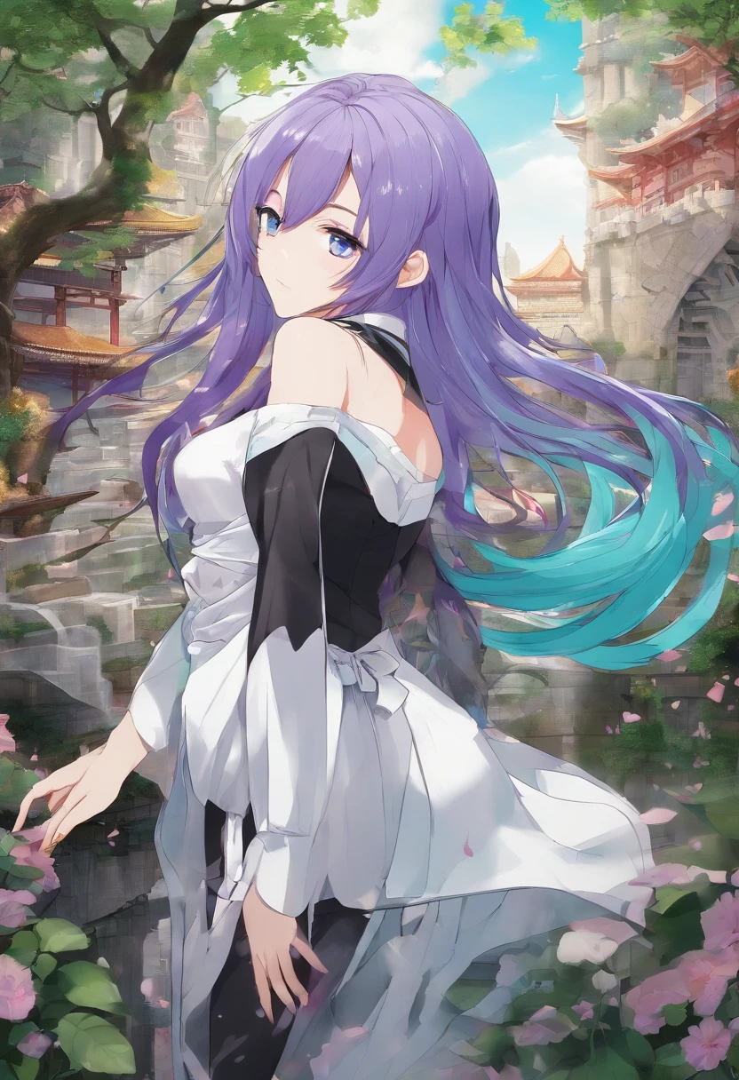 1girl, solo, long hair, breasts, looking at viewer, blush, bangs, skirt, bare shoulders, medium breasts, closed mouth, underwear, green eyes, standing, tail, full body, pink hair, ahoge, outdoors, detached sleeves, japanese clothes, looking back, wide sleeves, kimono, water, from behind, black footwear, bra, blue skirt, sash, obi, cherry blossoms, black bra, hakama, demon tail, hakama skirt, wading, long skirt, white kimono, hip vent, blue hakama