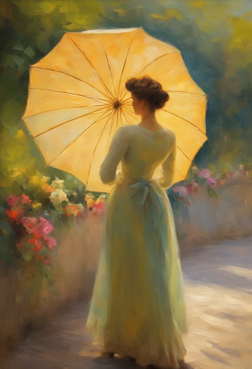 A woman, elegantly dressed, making her way up a hill, her parasol in hand, casting a protective shade against the sun's rays. The scene evokes a sense of nostalgia and timeless beauty. Medium: Ultra-detailed photography. Style: A nod to the romanticism of Renoir's paintings, with a focus on the interplay of light, texture, and color. Lighting: Soft, ambient sunlight filtering through the parasol, creating a mosaic of light and shadow on the woman's face and dress. Colors: A harmonious blend of Renoir's signature colors - muted blues, rosy pinks, and fresh greens, all bathed in a golden glow. Composition: Nikon Z7 II Mirrorless camera, Nikkor Z 58mm f/0.95 S Noct lens, Resolution 45.7 megapixels, ISO sensitivity: 64, Shutter speed 1/250 second, emphasizing the intricate details of the parasol's lacework and the texture of the woman's dress. --ar 16:9 --v 5.1 --style raw --q 2 --s 750