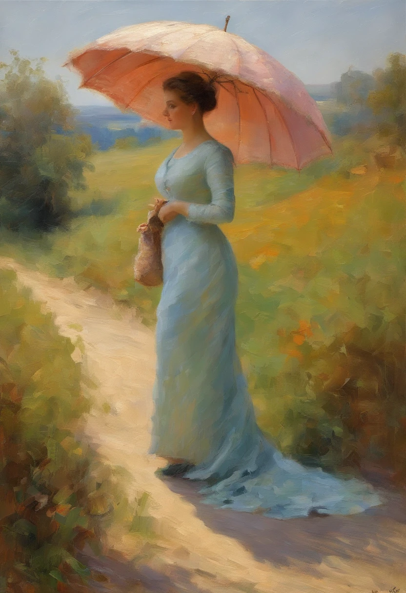 A woman, elegantly dressed, making her way up a hill, her parasol in hand, casting a protective shade against the sun's rays. The scene evokes a sense of nostalgia and timeless beauty. Medium: Ultra-detailed photography. Style: A nod to the romanticism of Renoir's paintings, with a focus on the interplay of light, texture, and color. Lighting: Soft, ambient sunlight filtering through the parasol, creating a mosaic of light and shadow on the woman's face and dress. Colors: A harmonious blend of Renoir's signature colors - muted blues, rosy pinks, and fresh greens, all bathed in a golden glow. Composition: Nikon Z7 II Mirrorless camera, Nikkor Z 58mm f/0.95 S Noct lens, Resolution 45.7 megapixels, ISO sensitivity: 64, Shutter speed 1/250 second, emphasizing the intricate details of the parasol's lacework and the texture of the woman's dress. --ar 16:9 --v 5.1 --style raw --q 2 --s 750