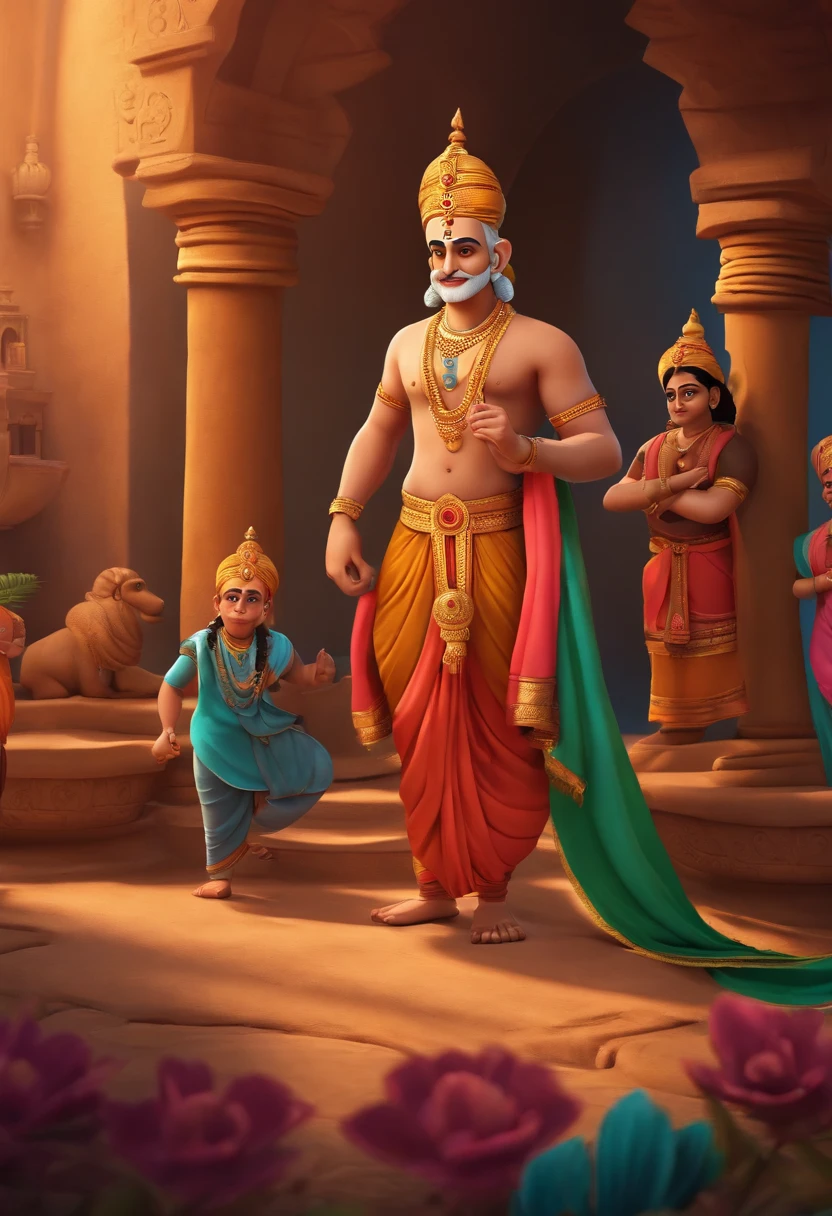 Create a lively and colorful 3D cartoon-style scene that captures the essence of Tenali Rama's storytelling magic.