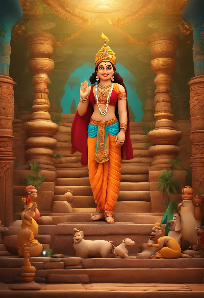 Create a lively and colorful 3D cartoon-style scene that captures the essence of Tenali Rama's storytelling magic.