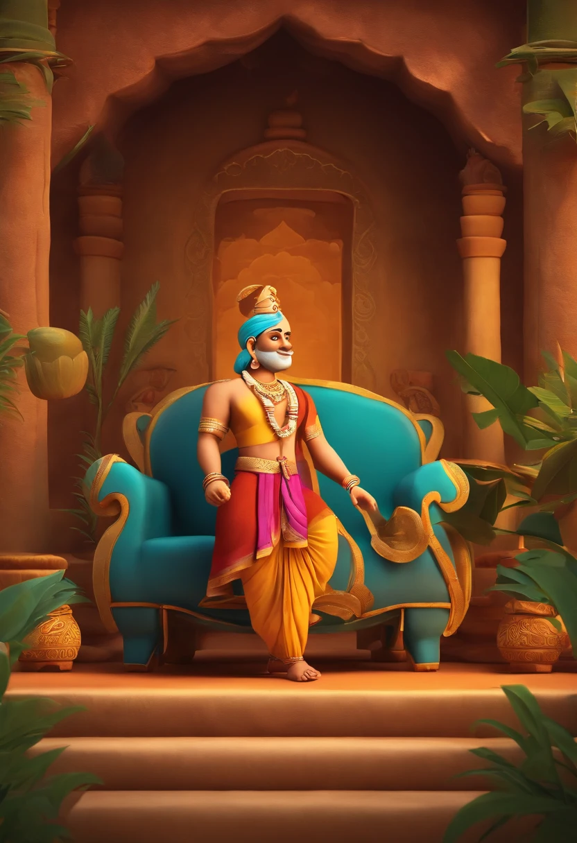 Create a lively and colorful 3D cartoon-style scene that captures the essence of Tenali Rama's storytelling magic.
