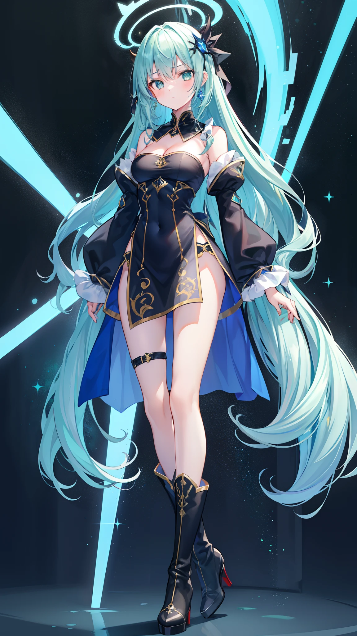 (4K Full HD)(HDR+)standing on your feet，full bodyesbian(1girll)has cleavage(The long)blue hairs，(Sparkling light green eyes)Tall figure, royal sister, diagonal side slit black midi skirt, red bandeau long-sleeved top, gray calf socks, red high-heeled boots