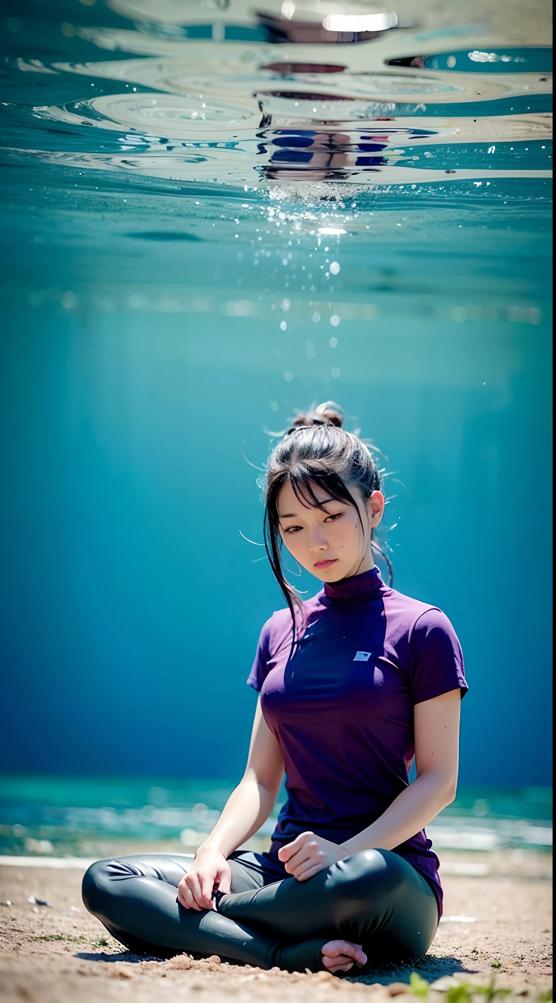 Purple-shirted female ninja，Meditation sitting，Partial underwater photography，BestWorks