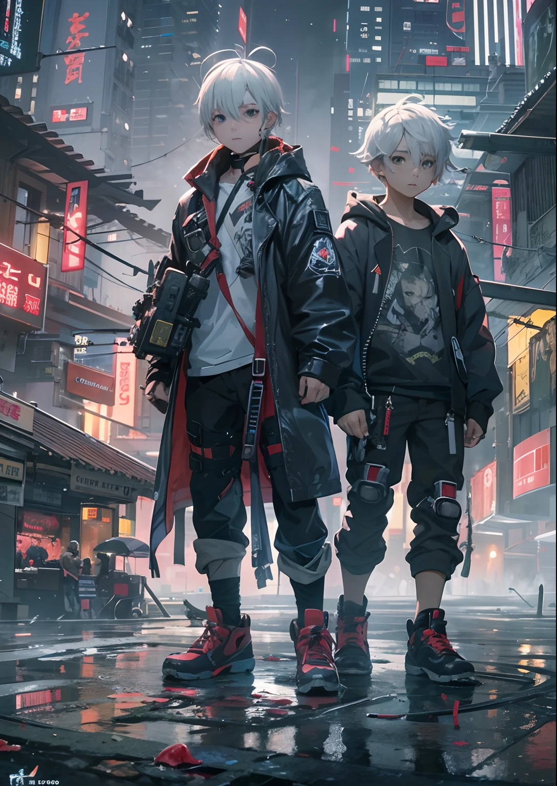 2boys,a boy、twins,Cyberpunk Boy、katanas,machine gun、silber hair、poneyTail、、Whole body bloody、The beginning of the adventure、Into the cloud、Beautiful fog,Chaotic city of the future、ruined and devastated city、Highly complex Chinese buildings、Beautiful lights、Dim lighting、puddles、Chaotic landscape、Beautiful and fantastic scenery、Cinematic scenery、hightquality、masutepiece,8K、hight resolution、ultra-detailliert,