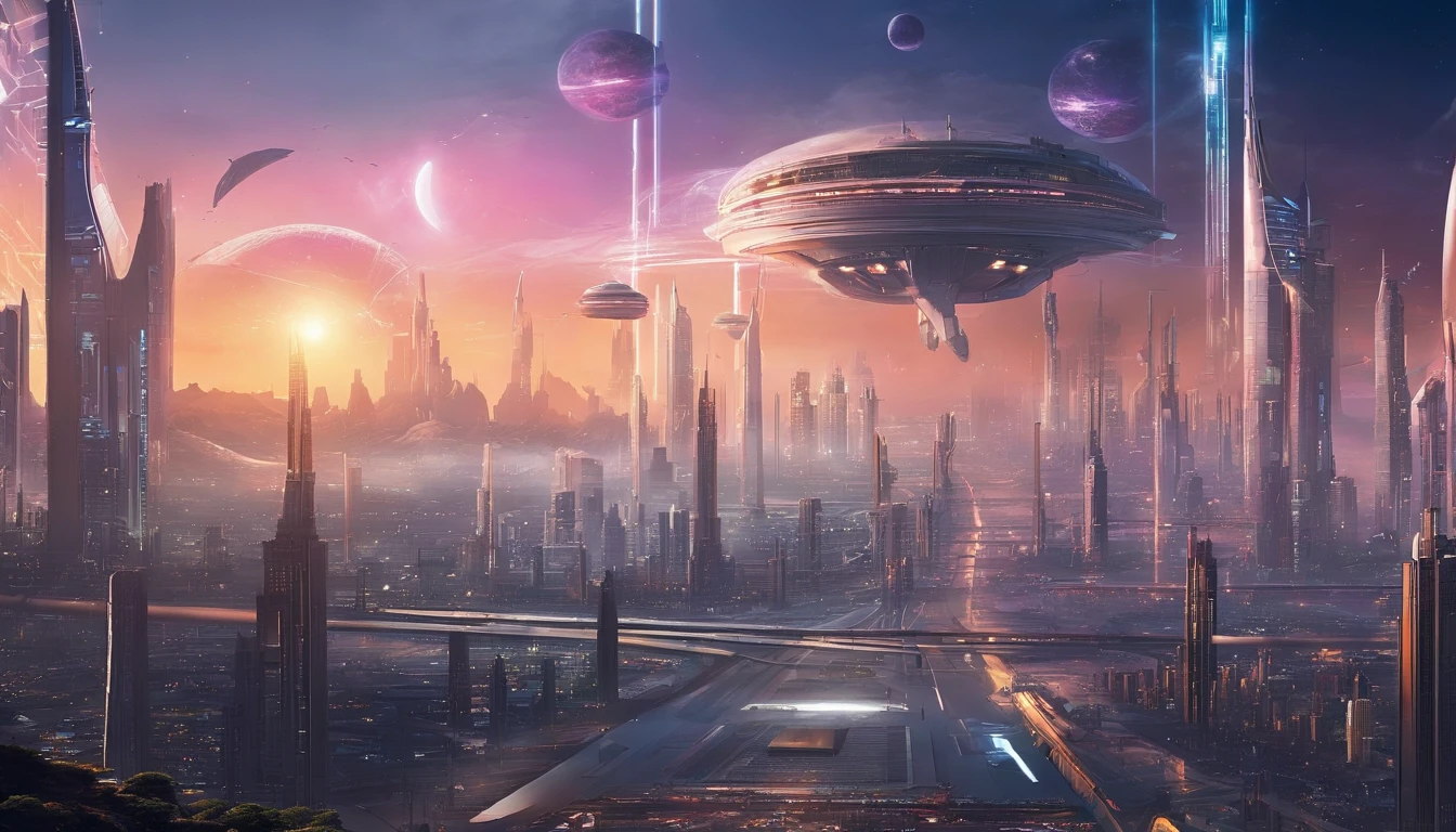 Sci-fi City, Futuristic style, sunset, landscape, cityscape, 4k, ultrahigh quality, detailed