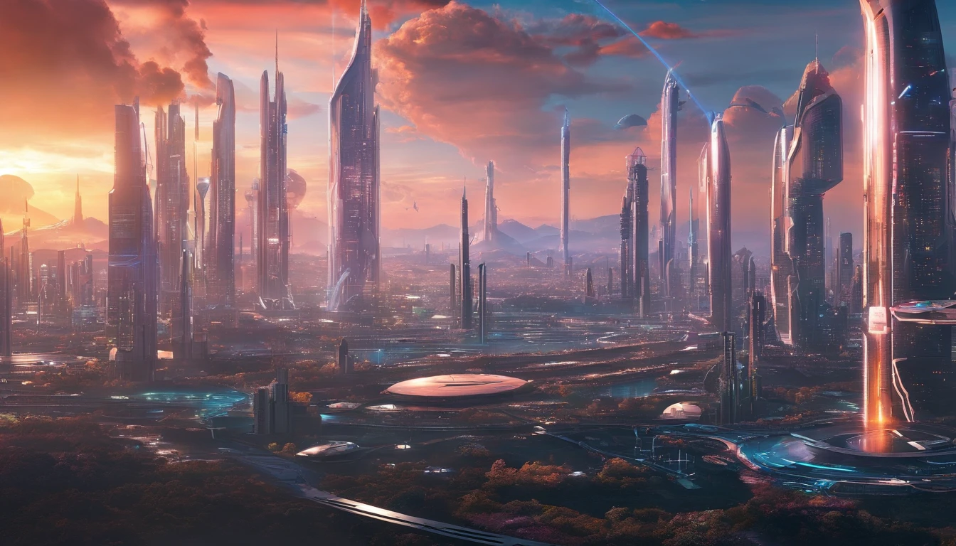 Sci-fi City, Futuristic style, sunset, landscape, cityscape, 4k, ultrahigh quality, detailed