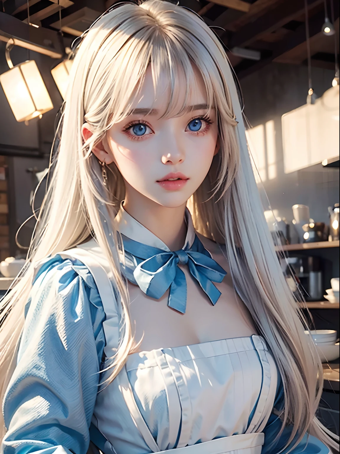 bright expression、photorealisim、top-quality、超A high resolution、a picture、Photo of an exquisitely beautiful Nordic-born girl、Extraordinary beautiful girl、Detailed cute and beautiful face、(pureerosface_v1:0.008)、Beautiful bangs、alice in the wonderland、18year old、Glowing white shiny skin、facial hairs、Bangs that extend to the face、Bangs between the eyes、Super long hair、Attractive light and dark platinum blonde super long straight silky hair、finer hair、Attractive glowing beautiful bright clear light blue big eyes、White Apron、Yellow dress、eye liner、Double eyelids、Lush bust