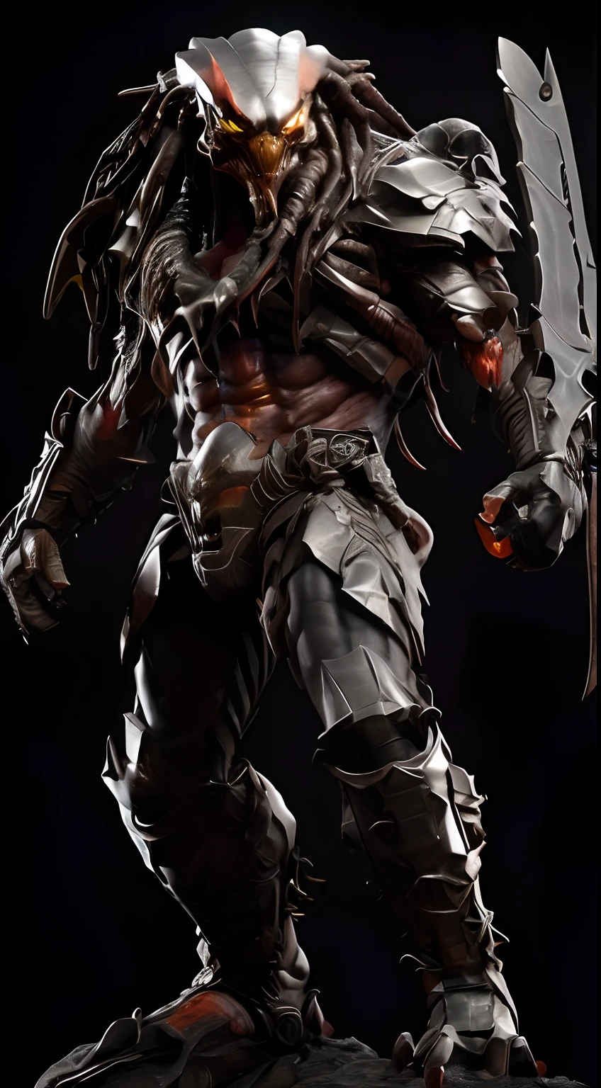 a close up of a statue of a predator with a sword, high detail iconic character, from ncsoft, unreal engine character art, incredible sharp details, intimidating full body armor, apex predator, "Erebos's Titan, the predator, muscular male undead cyborg, incredible sharp detail, detailed humanoid, predator alien, ares with heavy armor and sword, predator movie