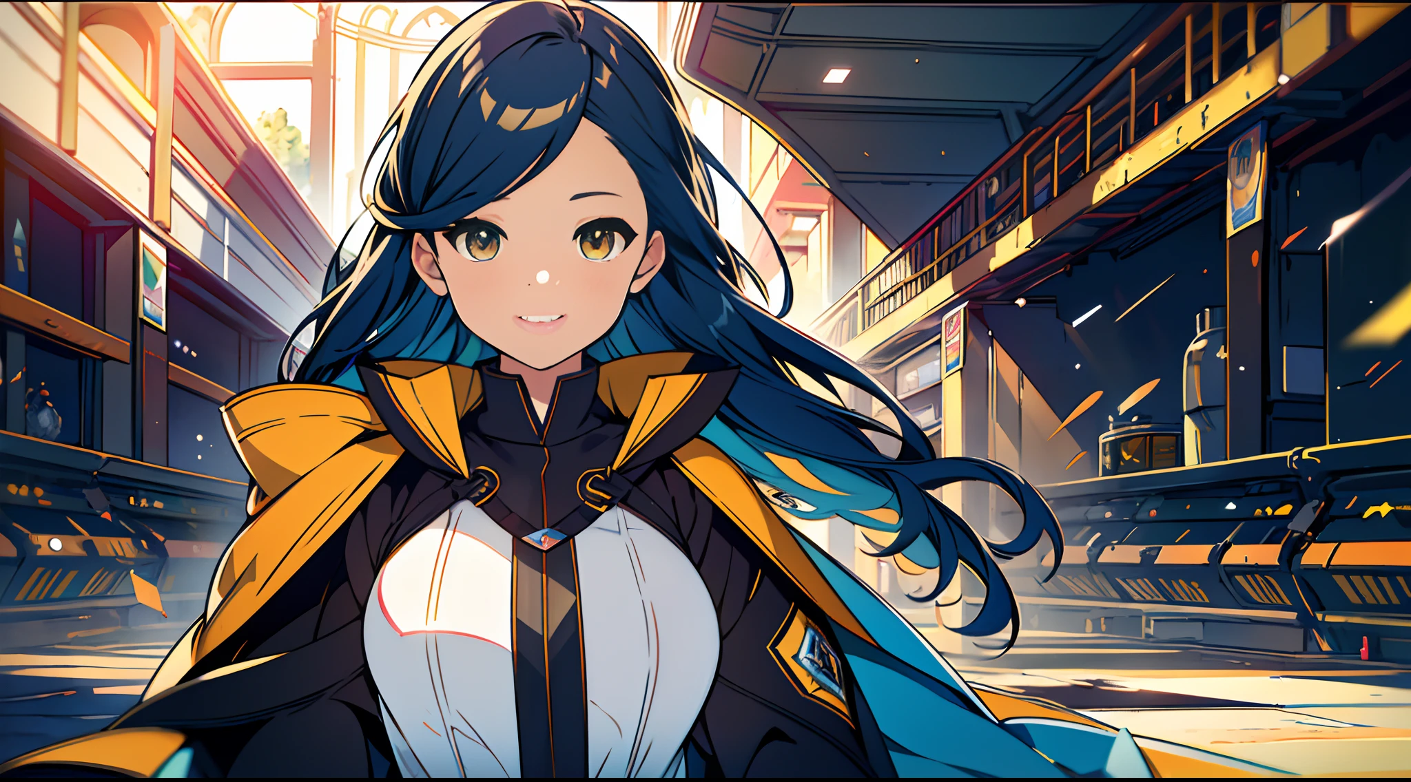 1 mature girl with long blue hair and yellow eyes looking at camera, alone, High detail mature face, one side tie hair, long tie blue hair, golden eyes, yellow cloak, high res, ultra sharp, 8k, masterpiece, looking at viewer, Sharp eyes, smiling, fantasy magical building, people ride on the beast, School Dorm, ((Best quality)), ((masterpiece)), 3D, HDR (High Dynamic Range),Ray Tracing, NVIDIA RTX, Super-Resolution, Unreal 5,Subsurface scattering, PBR Texturing, Post-processing, Anisotropic Filtering, Depth-of-field, Maximum clarity and sharpness, Multi-layered textures, Albedo and Specular maps, Surface shading, Accurate simulation of light-material interaction, Perfect proportions, Octane Render, Two-tone lighting, Wide aperture, Low ISO, White balance, Rule of thirds,8K RAW, Aura, masterpiece, best quality, Mysterious expression, magical effects like sparkles or energy, flowing robes or enchanting attire, mechanic creatures or mystical background, rim lighting, side lighting, cinematic light, ultra high res, 8k uhd, film grain, best shadow, delicate, RAW, light particles, detailed skin texture, detailed cloth texture, beautiful face, fighting stance