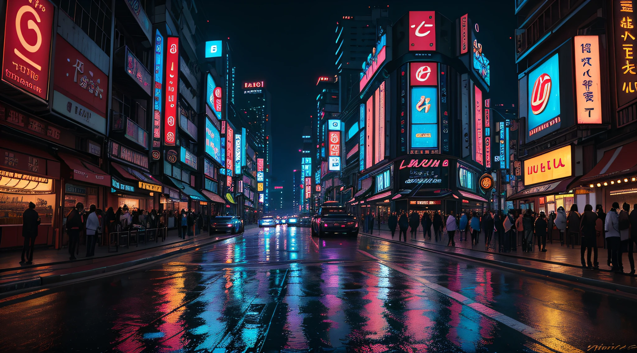 ((La mejor calidad)), ((Obra maestra)), ((ultra realista)), ((Noche)), majestically detailed soft oil painting by jim lee, Beautiful neon ((cyberpunk Tokio)), Reflexiones, Lloviendo, Calle abarrotada de la ciudad de Scifi, Coches futuristas, Noche, metalic, neon edge lighting, gente, profesional, ((Rascacielos)), Sombras profundas, Obra maestra, realista, aspereza, ultra realista, fotografiado con una EOS R5 de Canon, Lente de 50 mm, f/2.8, HDR, 8K resolution, Altas Resoluciones, High detail, foco nítido, Suave, aspereza, vida real, fotorrealismo, Cinematographer, 8k UHD,
