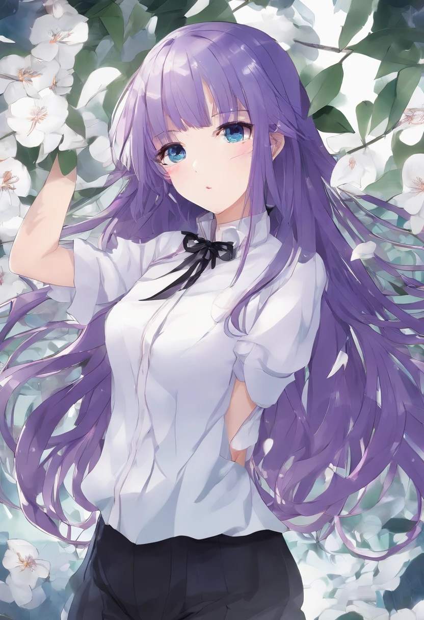 1girl, long purple hair, blue eyes, cut out white blouse, Lipo black pants, village, absurdres, high res, ultrasharp, 8K, masterpiece, looking at viewer