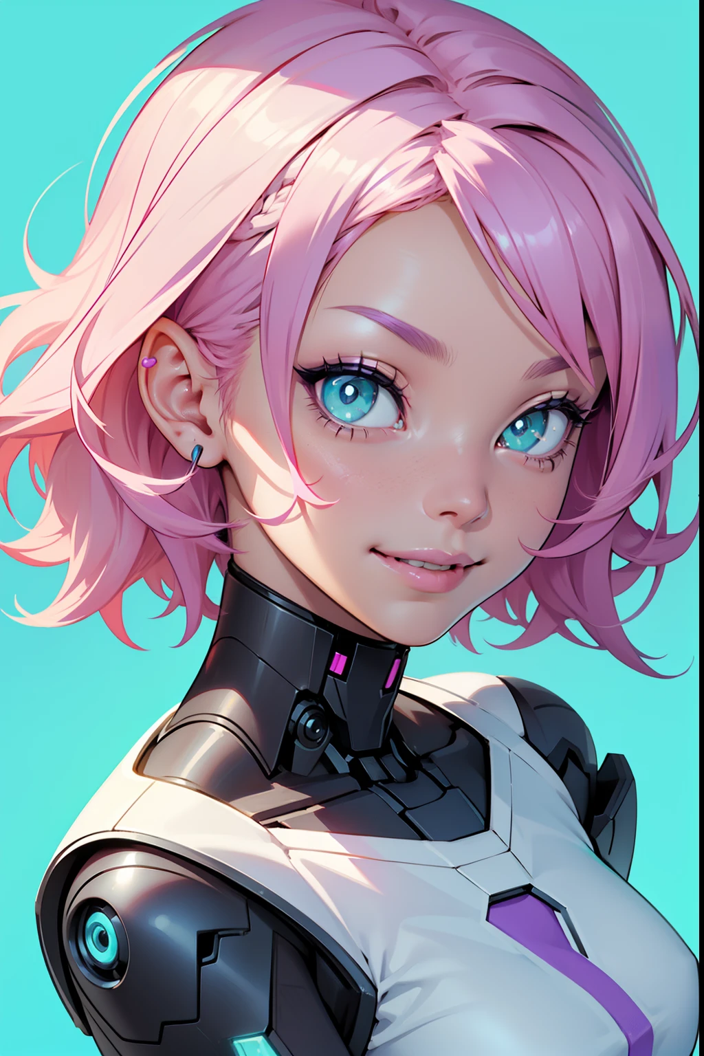 a robotic fantasy girl with robotic face, pink hair style, wearing a white t shirt, happy face and little smile with blue lips, big green eyes, simple purple background, make it for NFT market