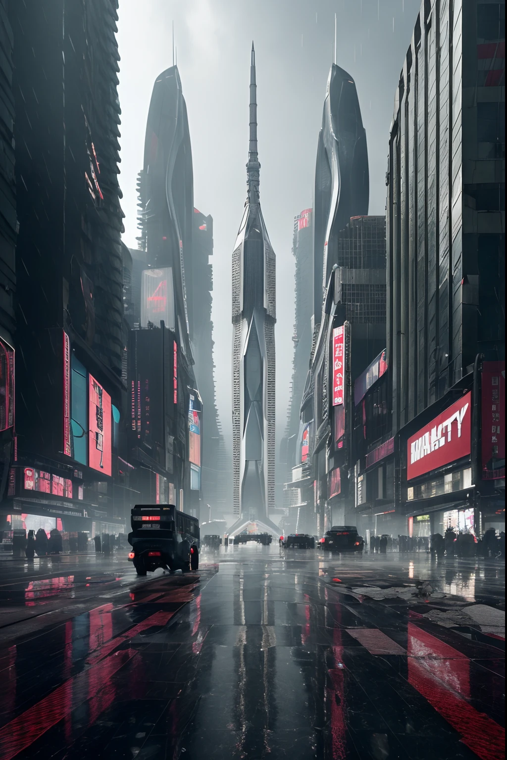 ((masterpiece, best quality)), 8k, modern architecture style, photo realistic, hyper detailed photo, clean sky, ruined city, cyberpunk,rain