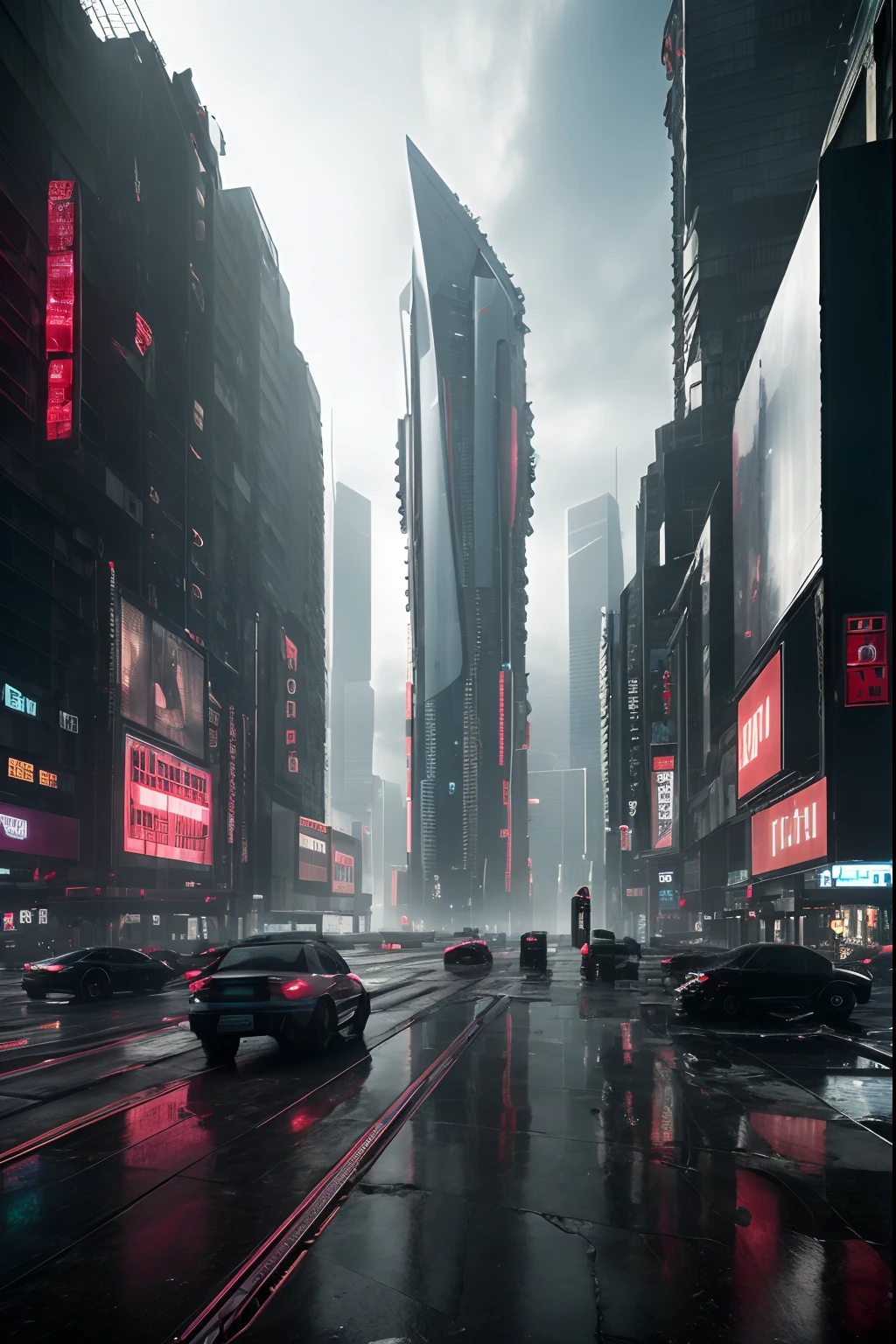 ((masterpiece, best quality)), 8k, modern architecture style, photo realistic, hyper detailed photo, clean sky, ruined city, cyberpunk,rain