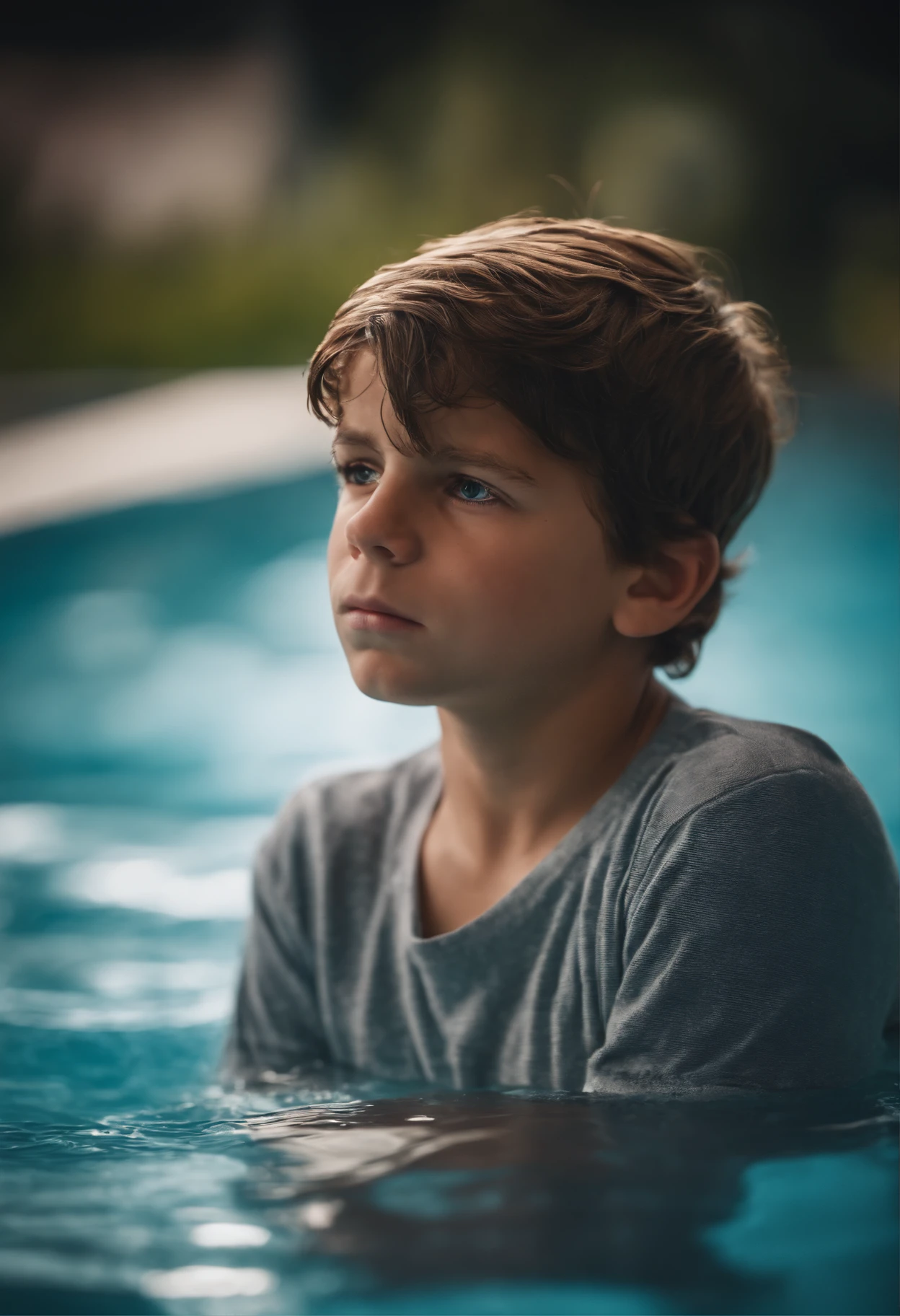 Boy looking embarrassed in the pool、Boys in swimsuits