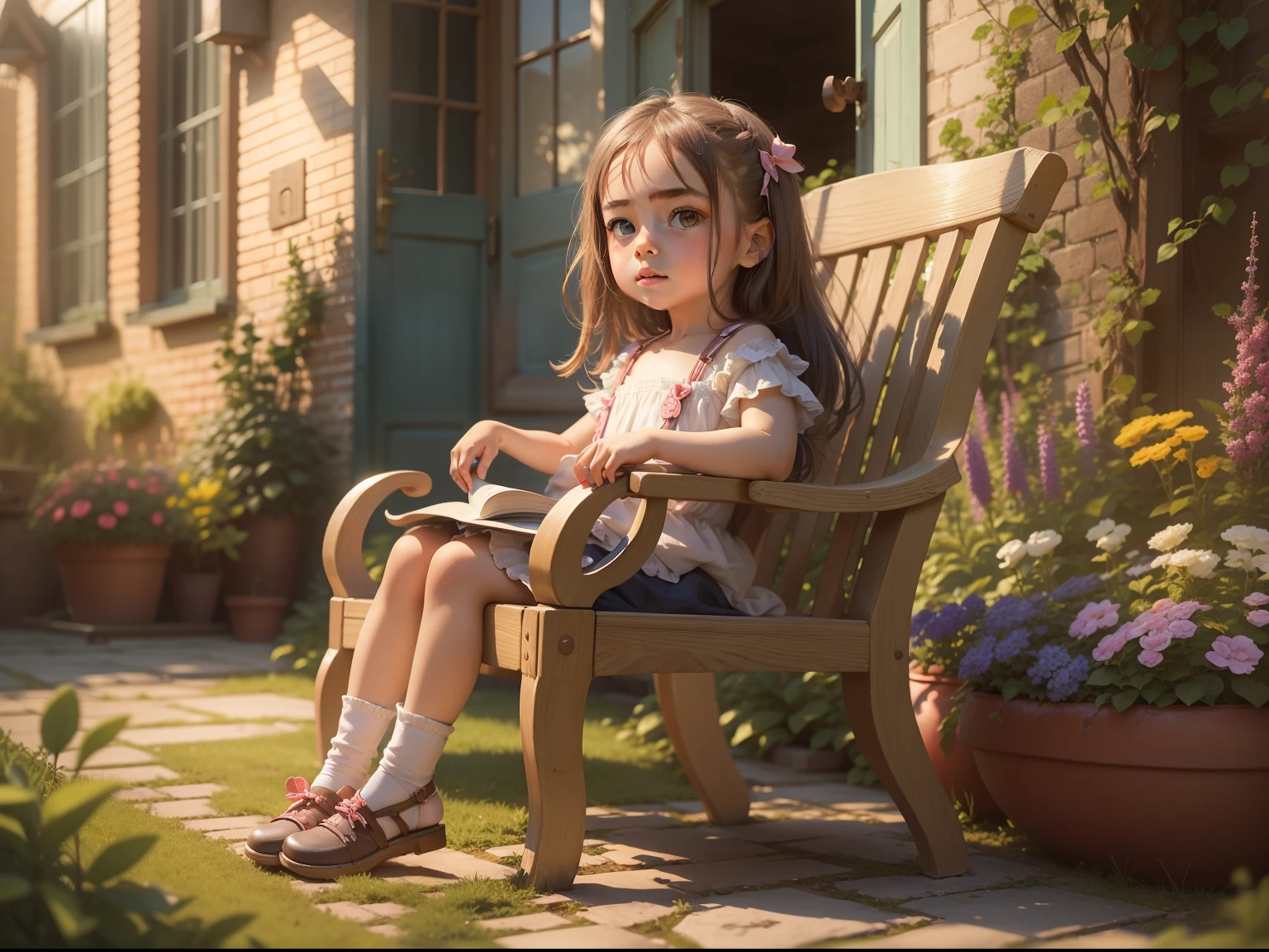 sitting on a chair in the garden, and the sun was shining brightly, exteriors, the detail, 4K, k hd, high high quality.