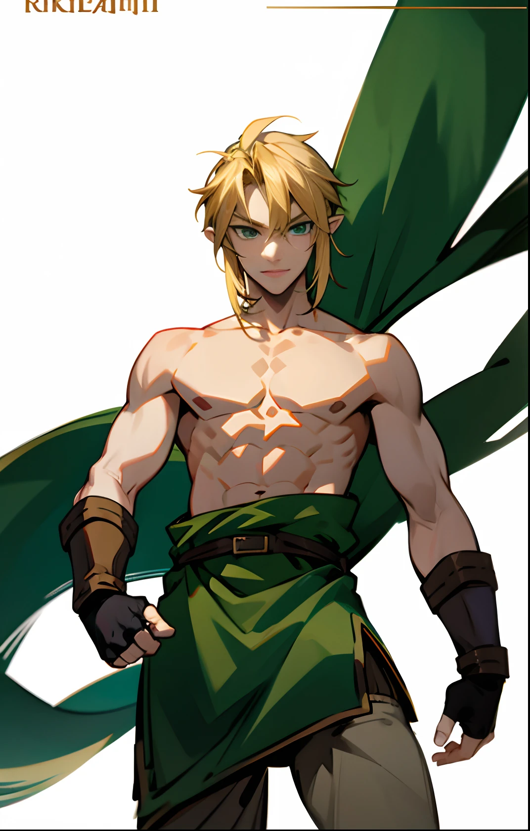 blond, tall, green-eyed guy, viking style, russian hero style, strong,  anime style, anime  , link, ( fingerless gloves), standing, topless , (muscular:0.6)(from above:0.1),(sport:0.2), (empty dojo),(smiling:0.4),(slender:0.4), (dominant), confident, (sadistic:0.2), (evil:0.2)