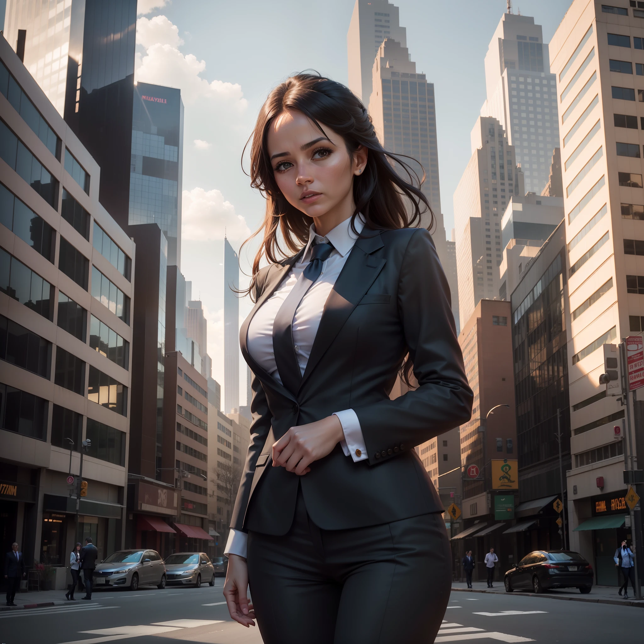(8K, Raw photo, Best Quality, masutepiece: 1.2), (Realistic, Photorealistic: 1.37), One woman in a suit standing on the sidewalk, Cityscape, day, sunny morning, Professional Lighting, Photon mapping, Radio City, Brazilian Woman, torn, Shirt, Woman in suit, Silk Suit