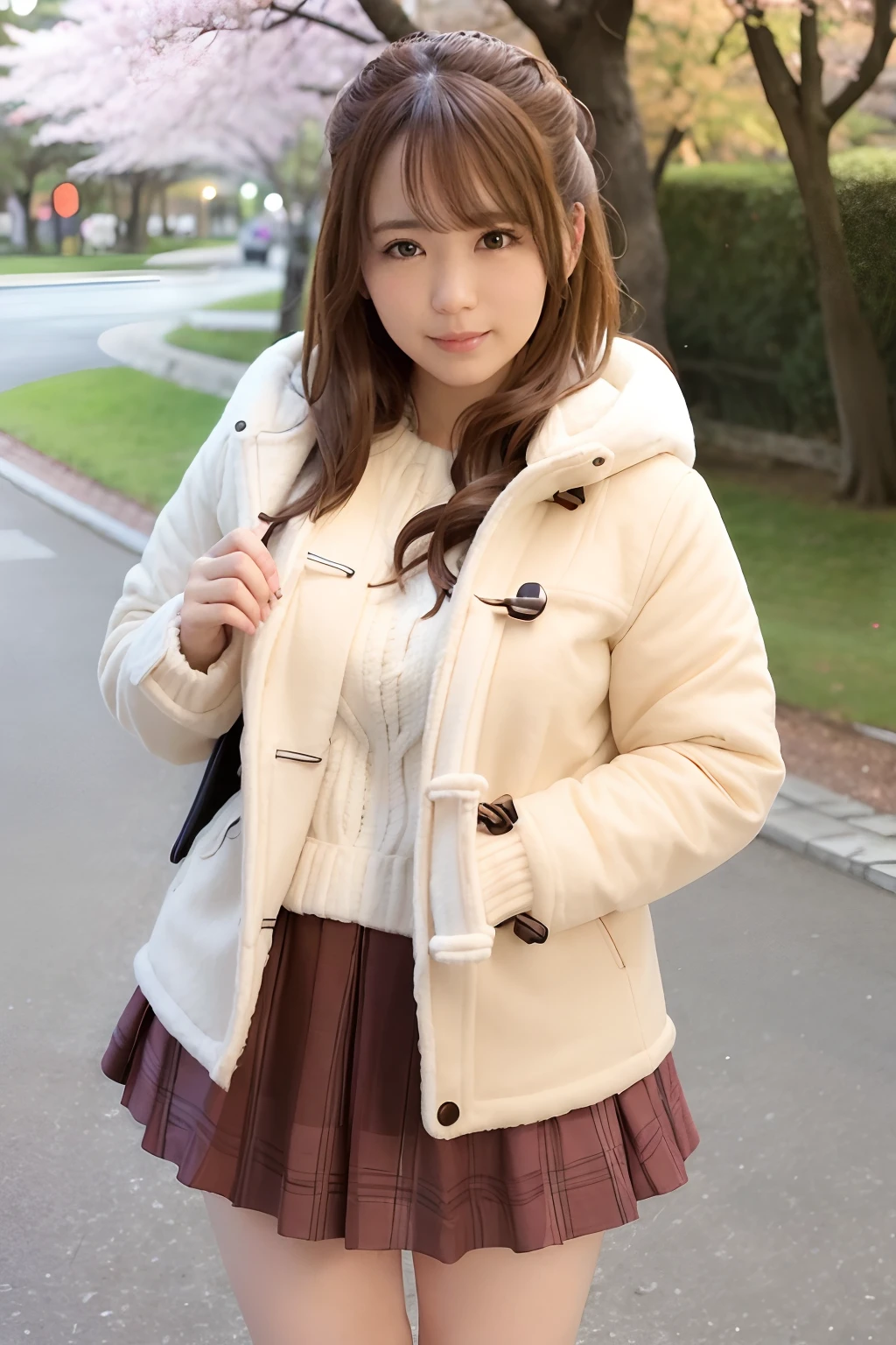 1girl, coat, hood, jacket, ((duffle coat)), lips, lipstick, plaid, plaid_skirt, realistic, skirt, solo, standing, best quality, photorealistic, masterpiece, 8k, high res, solo, (((woman))), (medium breast), ((looking at the viewer)), (looking at the camera), (short hair), (professional lighting, bokeh),top angle view, extremely detailed face, fashionable and trendy atmosphere, japan, street, park, river, sakura, sakura blossom, ((daytime)), (portrait:0.6), seductive smile, gorgeous, floating hair, (light particles, lens flare, glowing particles:0.6), (dynamic pose:1.2), soft lighting, brown hair, full body, narrow face, smile,