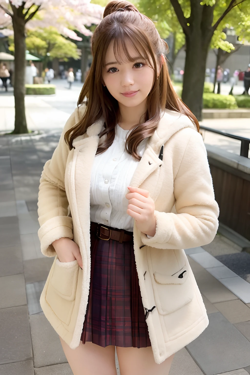 1girl, coat, hood, jacket, ((duffle coat)), lips, lipstick, plaid, plaid_skirt, realistic, skirt, solo, standing, best quality, photorealistic, masterpiece, 8k, high res, solo, (((woman))), (medium breast), ((looking at the viewer)), (looking at the camera), (short hair), (professional lighting, bokeh),top angle view, extremely detailed face, fashionable and trendy atmosphere, japan, street, park, river, sakura, sakura blossom, ((daytime)), (portrait:0.6), seductive smile, gorgeous, floating hair, (light particles, lens flare, glowing particles:0.6), (dynamic pose:1.2), soft lighting, brown hair, full body, narrow face, smile,