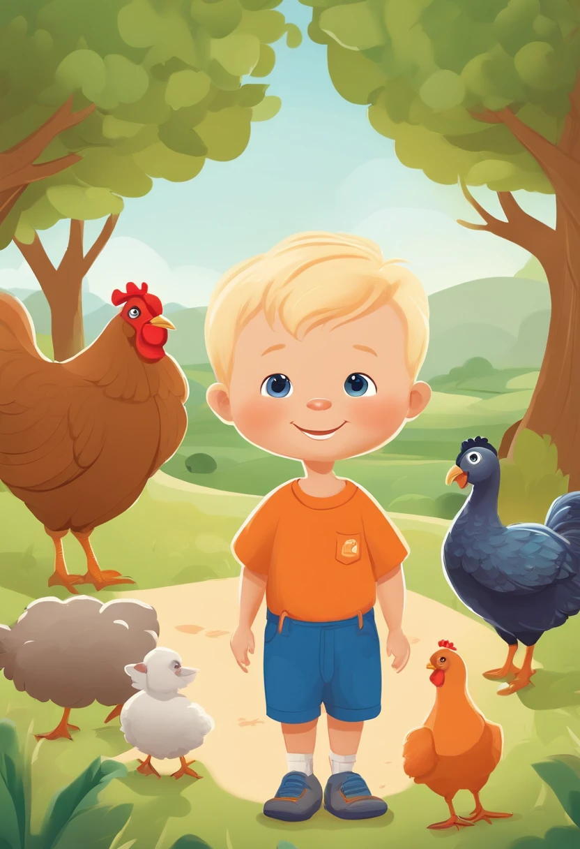 A small two-year-old boy, blond, green-eyed, facing forward, standing, smiling, wearing an orange shirt, blue shorts, blue sneakers, on a farm, surrounded by a blue peacock, a hen with three chicks, and two sheep. The image has simple lines like an illustration for a children's book.