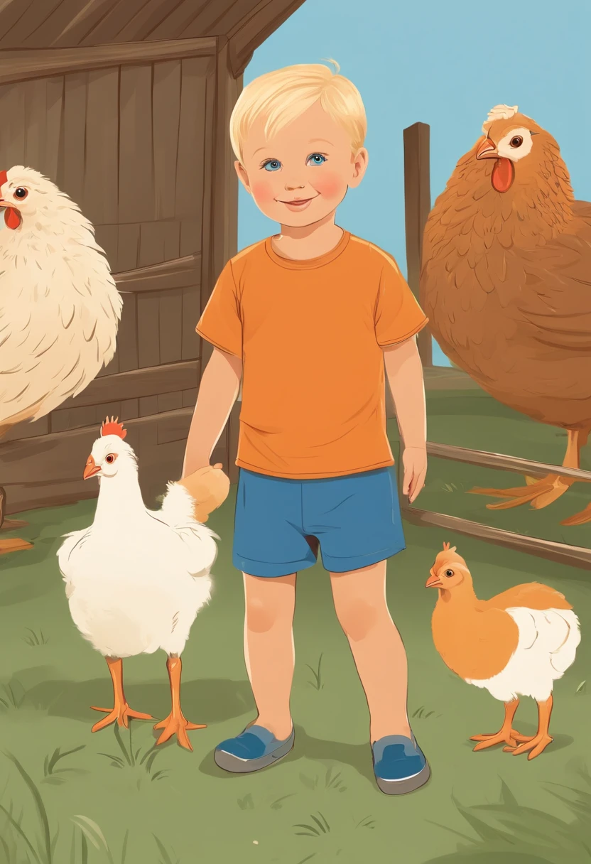 A -year-old blongreen-eyed, facing forward, standing, smiling, wearing an orange shirt, blue shorts, blue sneakers, on a farm, surrounded by a blue peacock, a hen with three chicks, and two sheep. The image has simple lines like an illustration for a children's book.
