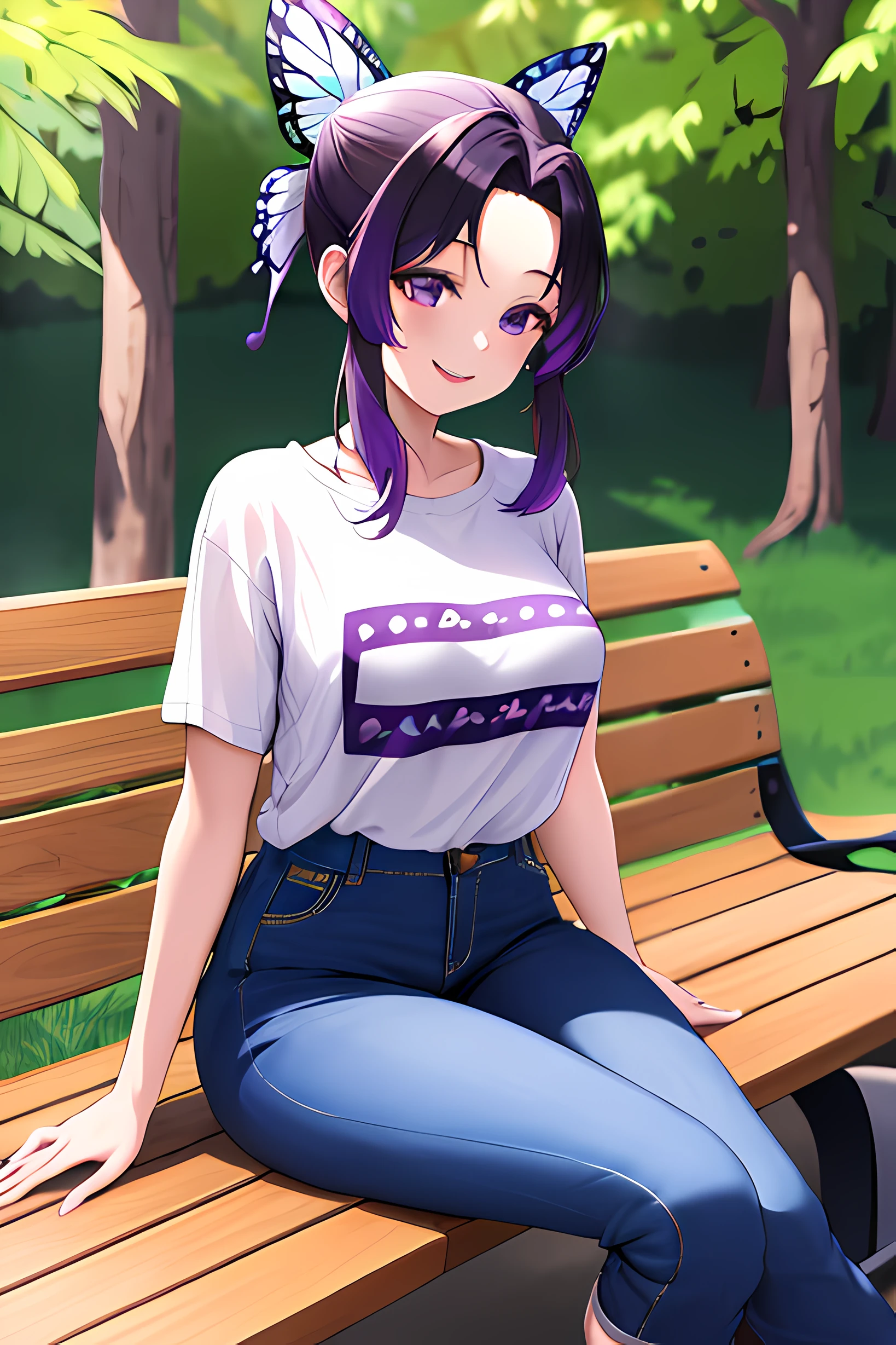 masterpiece, best quality, highres, 1girl, solo, kochou shinobu, butterfly hair ornament, purple eyes, multicolored hair, short hair, parted bangs, jeans, t-shirt, round neck, sitting, bench, outdoors, smile,
