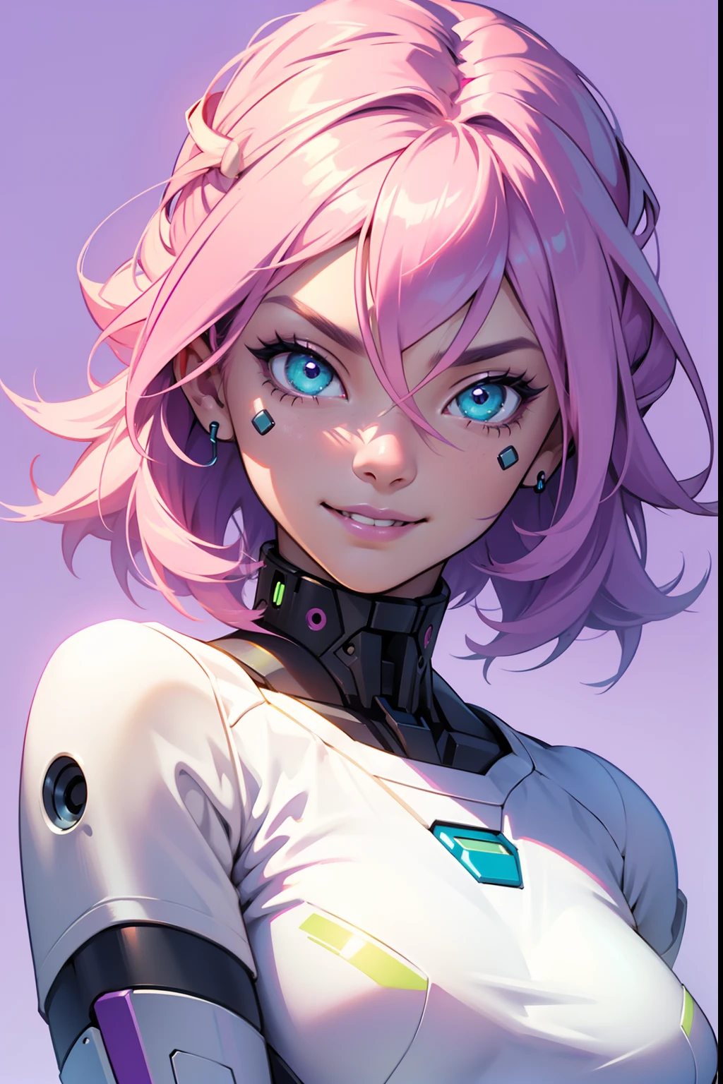 a robotic fantasy girl with robotic face, pink hair style, wearing a white t shirt, happy face and little smile with blue lips, big green eyes, simple purple background, make it for NFT market