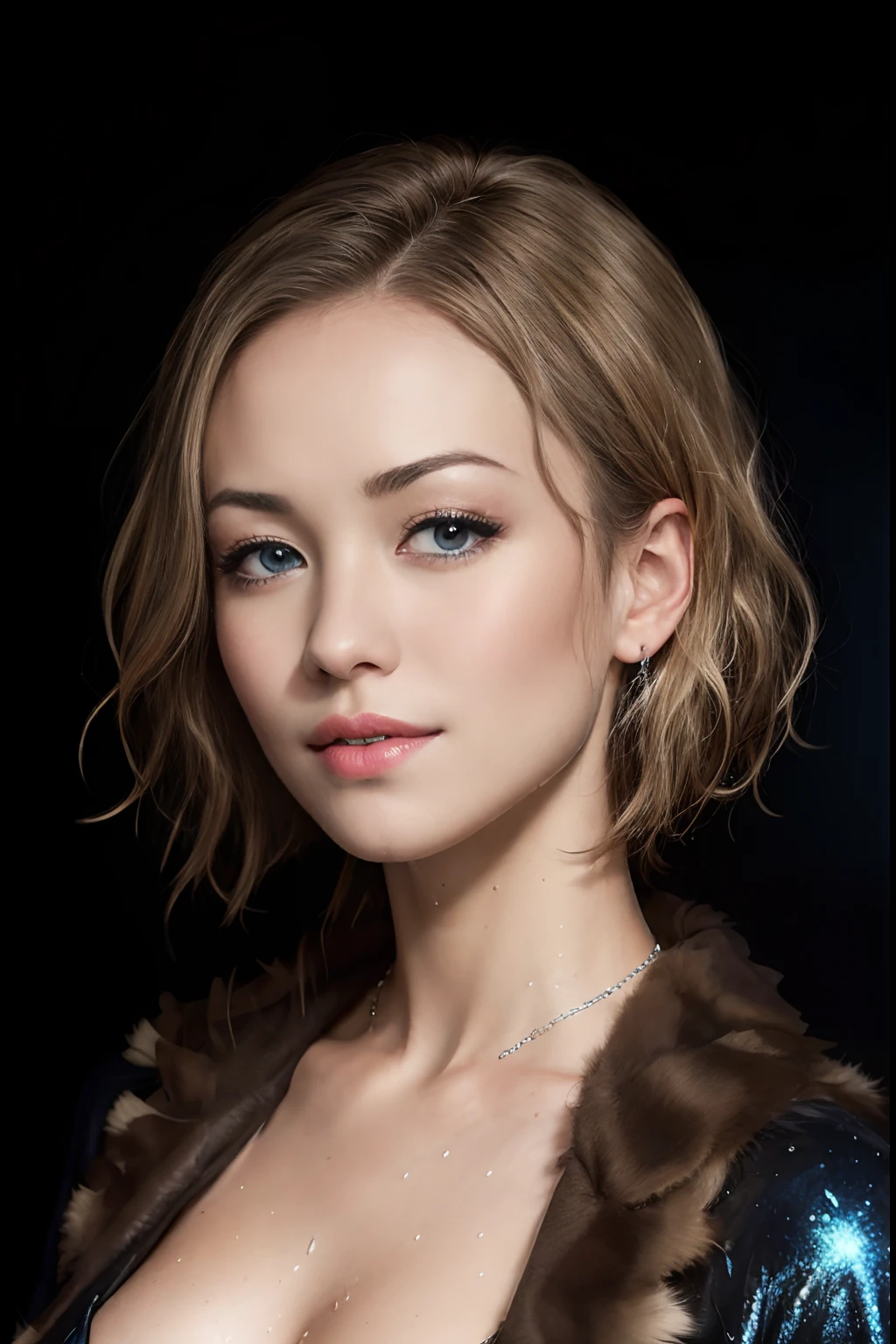 Photo of Yvonne Strahovski in a fur suit, 独奏, blue eyes, Reverse bob haircut, sparkly skin, wet skin, shiny glossy skin, glossy skin, oilly skin, Headshot on black background, warm atmosphere, a  photo of a, photoshooting, Shot with a Panavision Panaflex Platinum, оснащенную сферическим объективом Panavision Primo Prime 75 мм T1.9