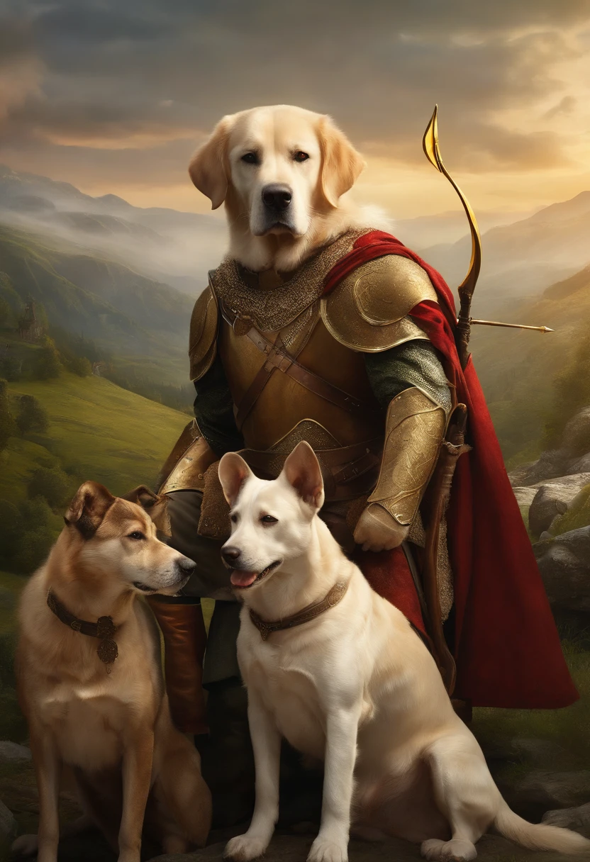 (best quality,highres:1.2),ultra-detailed,(realistic:1.37),Lord of the Rings fanart style,three characters,big fluffy Labrador dog with gold and white fur,greyhound with bow and arrow,small Smeagol in armor,illustration,richly detailed background,portraits,vivid colors,shadows and highlights,green and golden tones,dramatic lighting.