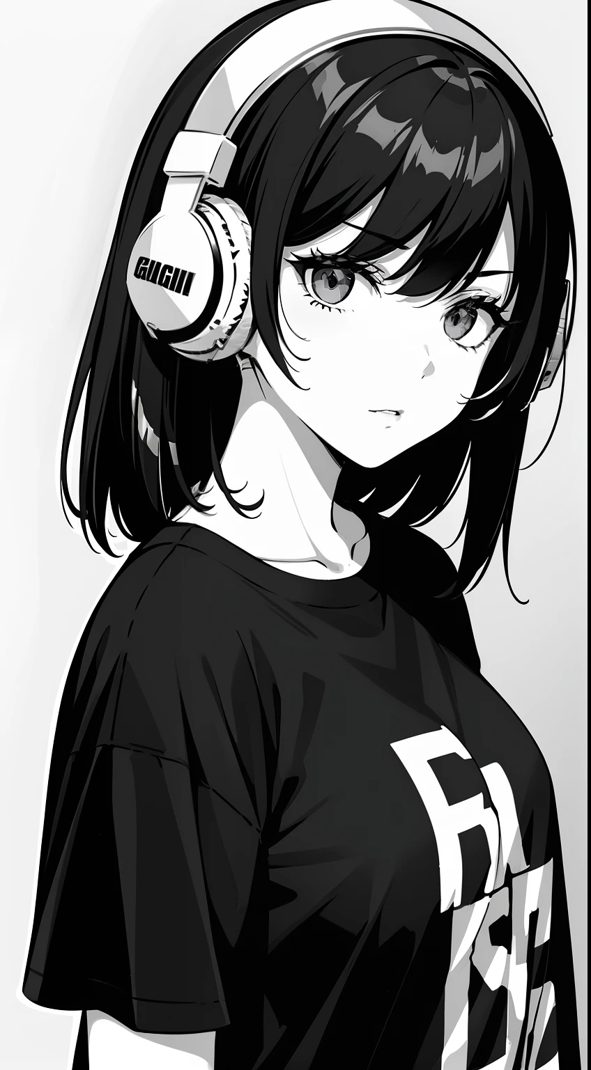 A girl, side portrait, black and white, Messy Short Hair, Spicy accessories, Sporty style, Casual T-shirt, Confident gaze, Monochrome color scheme, looking at the side, Chic street fashion, Sloppy hands in pockets posing, cap,((person)),Over-ear headphones, Large ear pads, Luxurious long hair