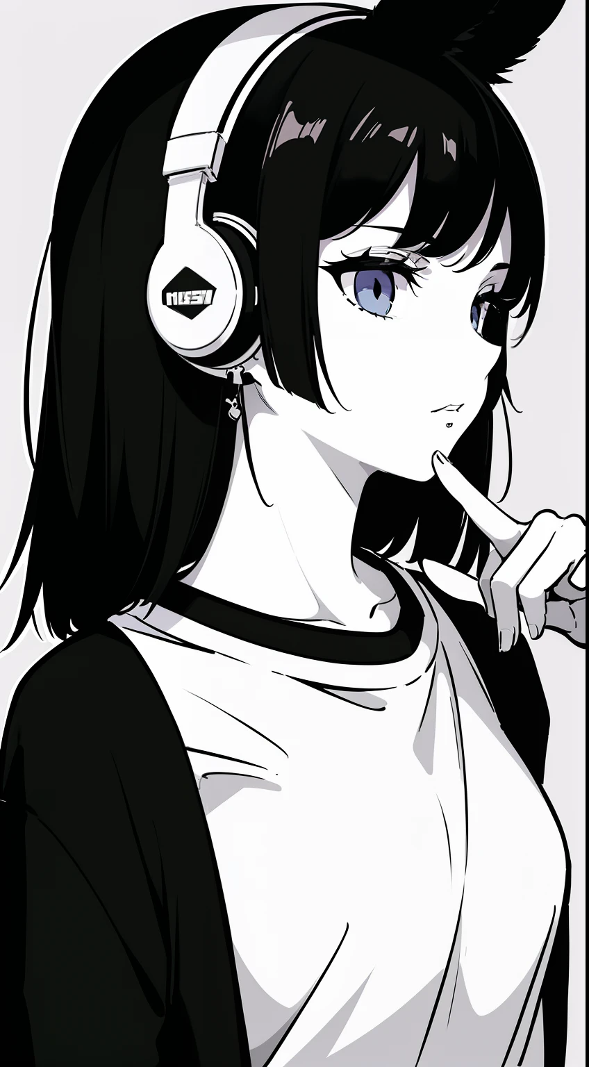 A  girl, side portrait, black and white, Messy Short Hair, Spicy accessories, Sporty style, Casual T-shirt, Confident gaze, Monochrome color scheme, looking at the side, Chic street fashion, Sloppy hands in pockets posing, cap,((person)),Over-ear headphones, Large ear pads, Luxurious long hair