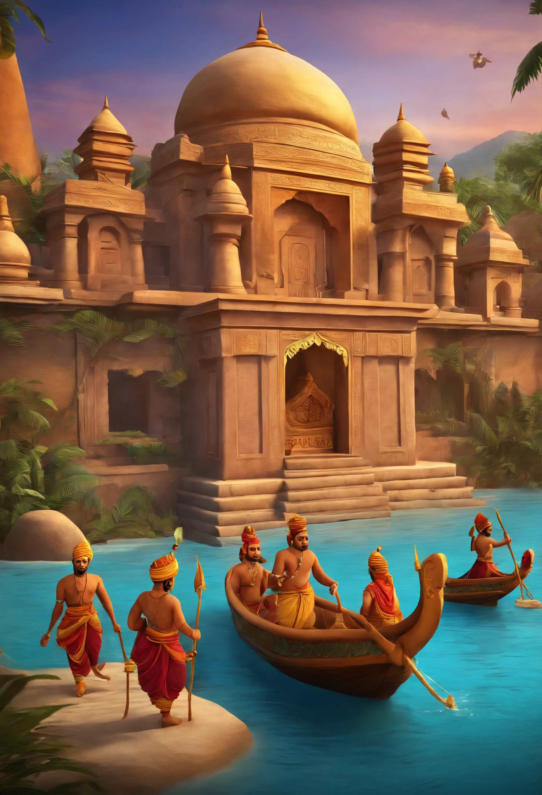 Create a lively and colorful 3D cartoon-style scene that captures the essence of Tenali Rama's storytelling magic.