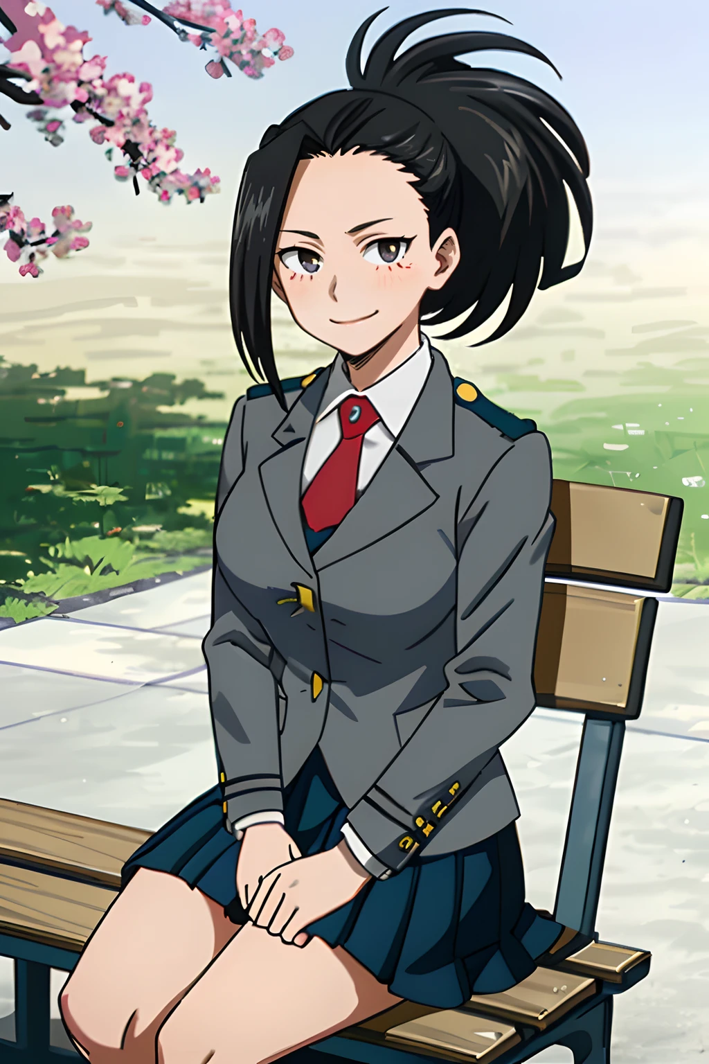 [momo yaoyorozu], [Boku no hero academia], ((masterpiece)), ((solo portrait)), ((High definition)), ((anime)), ((Kohei Horikoshi)), ((beautiful render art)), ((detailed shading)), ((intricate details)), {momo; (beautiful dark grey eyes), (black hair, side bang, spiky ponytail, long eyelashes, large boobs, beautiful legs)}, {(UA school uniform), grey blazer, (red tie), (yellow buttons), (short blue skirt), (blushing), (cute smile)}, {(sitting on bench), (looking at viewer), (hands on lap)}, [Background; (daytime), school, sunny, cherry blossom trees, sun rays through trees)]