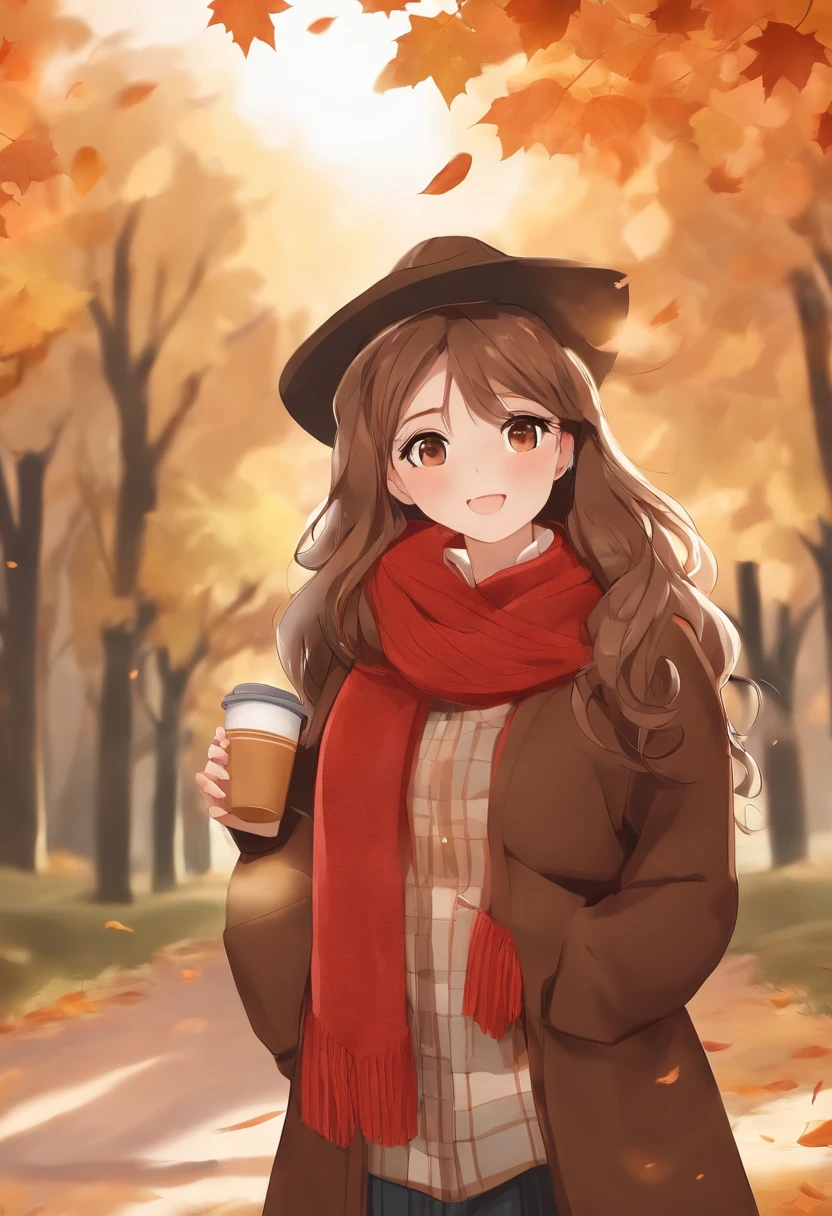 1Girl, maple, bangss, black headwear, blured background, blush, Brown eyes, Brown hair, Brown scarf, Brown skirt, cardigan, coffee, cowboy shots, A cup, Disposable cups, drink, falling leaves, beanie, retention, holding a drink, leaves, Long hair, Long sleeves, looking up at viewer, Open cardigan, Open mouth, plaid, plaid skirt, Fluffy long sleeves, Red sweater, scarf, shirt, tuck in your shirt, sidelocks, skirt, Smile, Solo, Sweaters, White shirt, Extremely detailed, intrikate, Masterpiece, absurderes