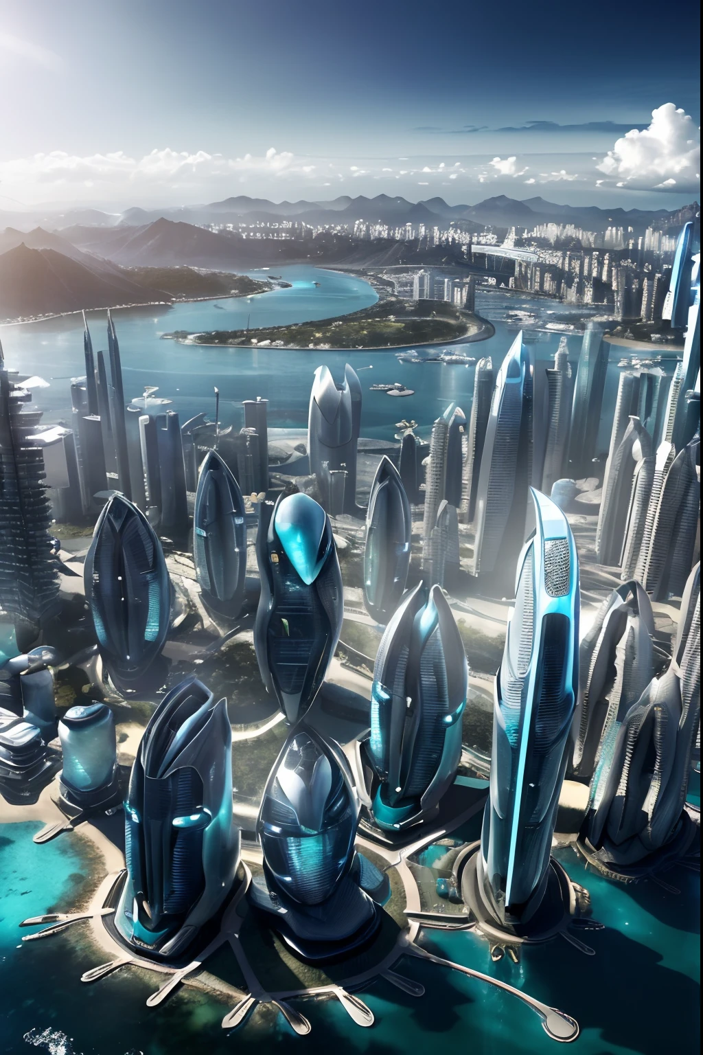((obra-prima, melhor qualidade)),  a futuristic 8k underwater city, estilo de arquitetura moderna, foto realista, foto hiper detalhada, sky clear, cidade arruinada, cyberpunk, chuva