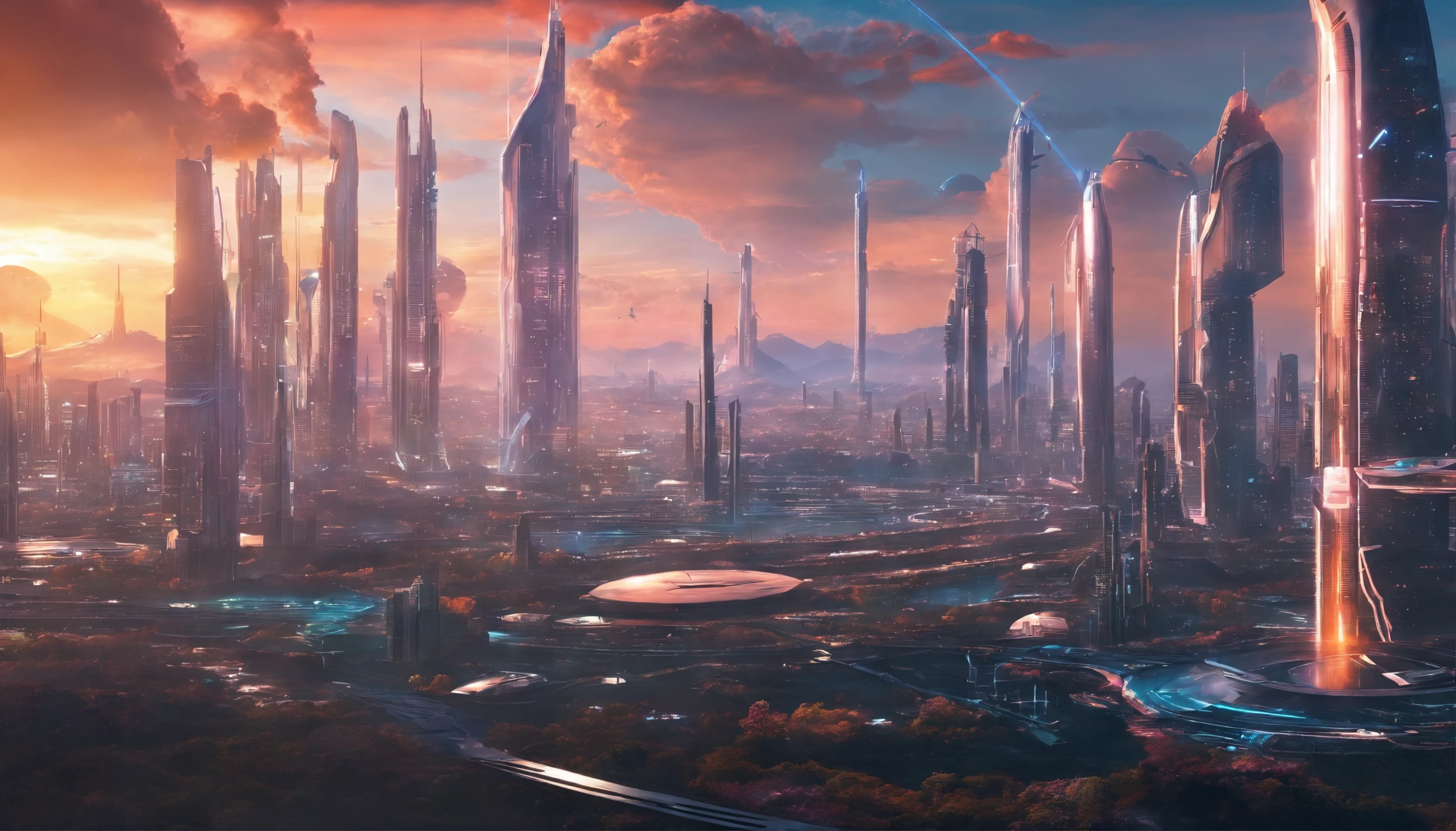 Sci-fi City, Futuristic style, sunset, landscape, cityscape, 4k, ultrahigh quality, detailed