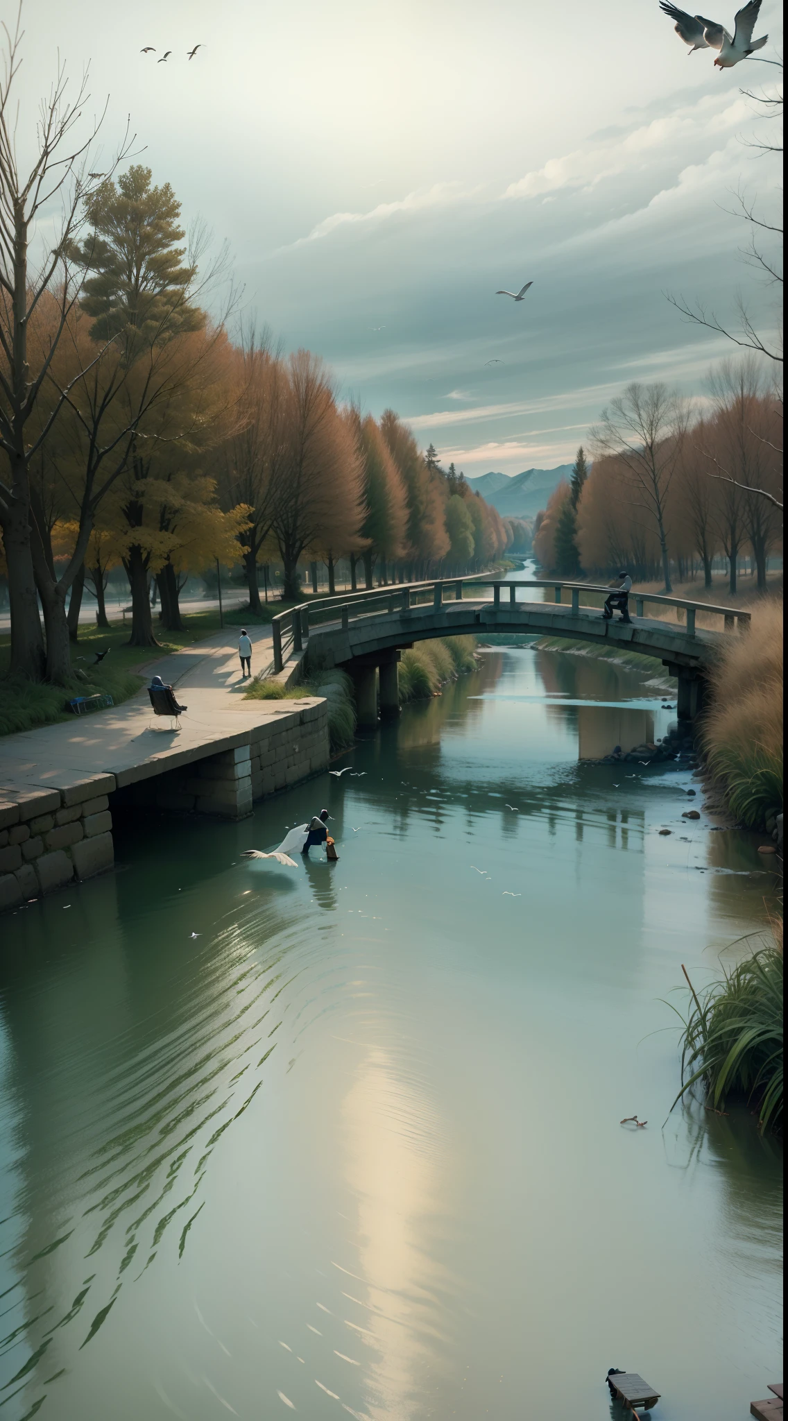 A man stand Alone at the river and birds are flying and a bench is located near river